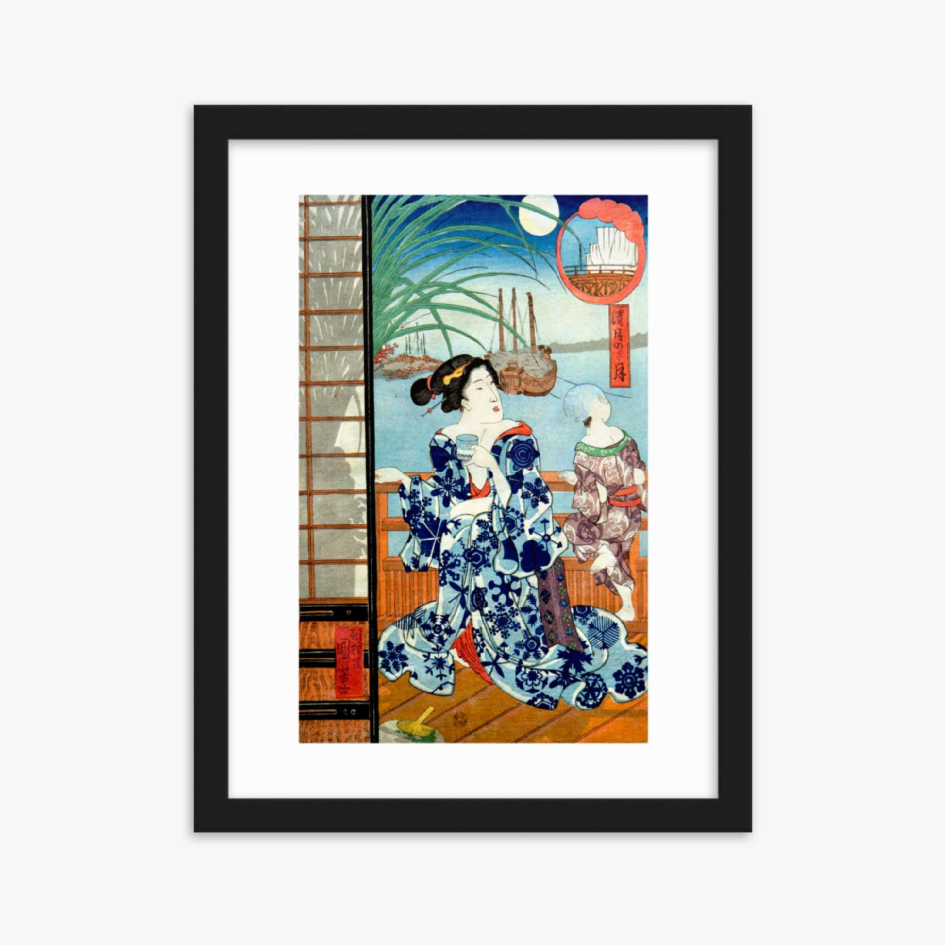 Utagawa Kuniyoshi: Clear Moon in the Eighth Month - 30x40 cm Poster With Black Frame