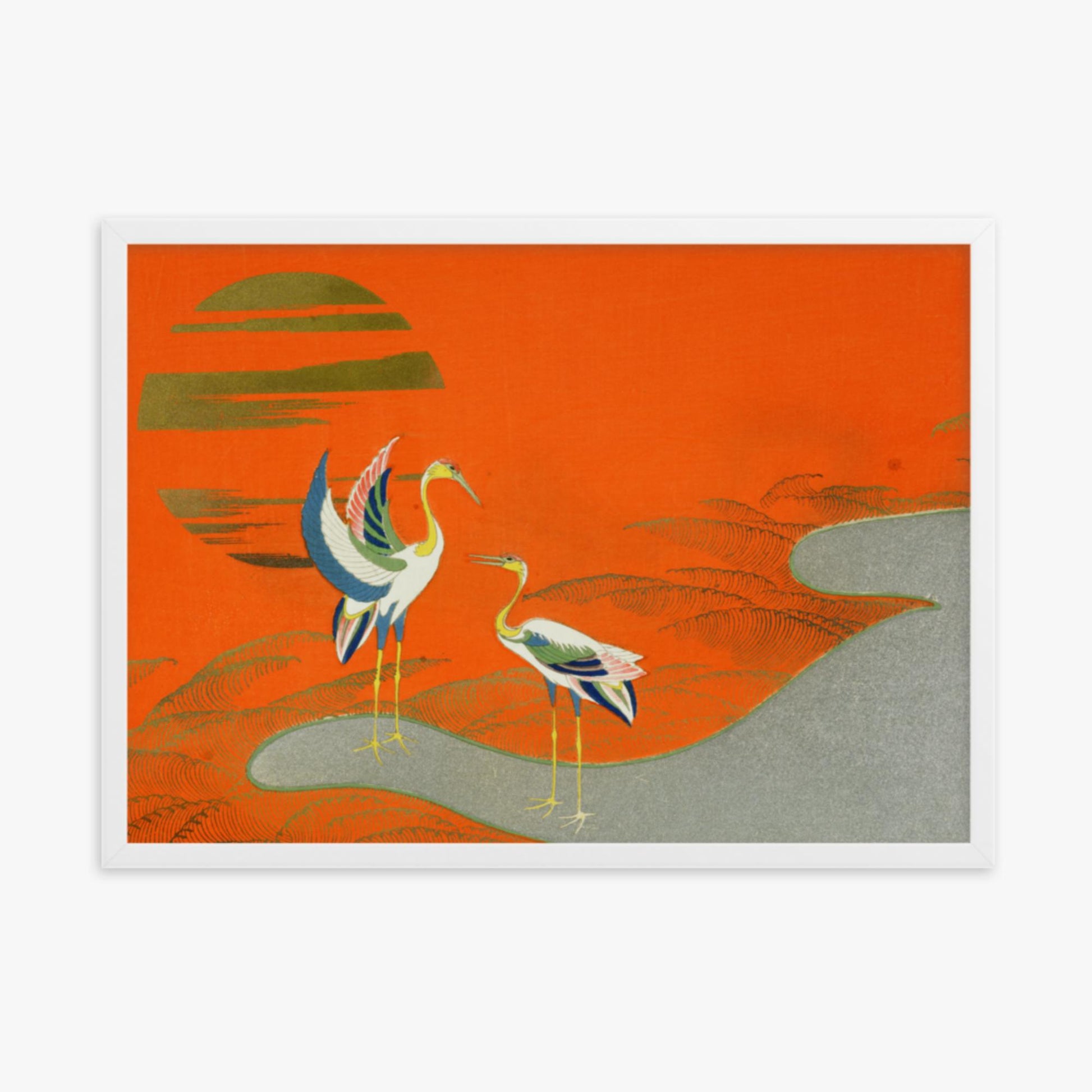 Kamisaka Sekka: Birds at sunset on the lake - 50x70 cm Poster With White Frame