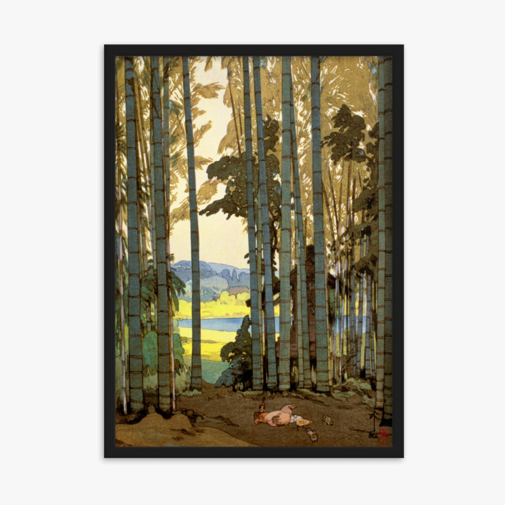 Hiroshi Yoshida: Hens in the bamboo wood - 50x70 cm Poster With Black Frame