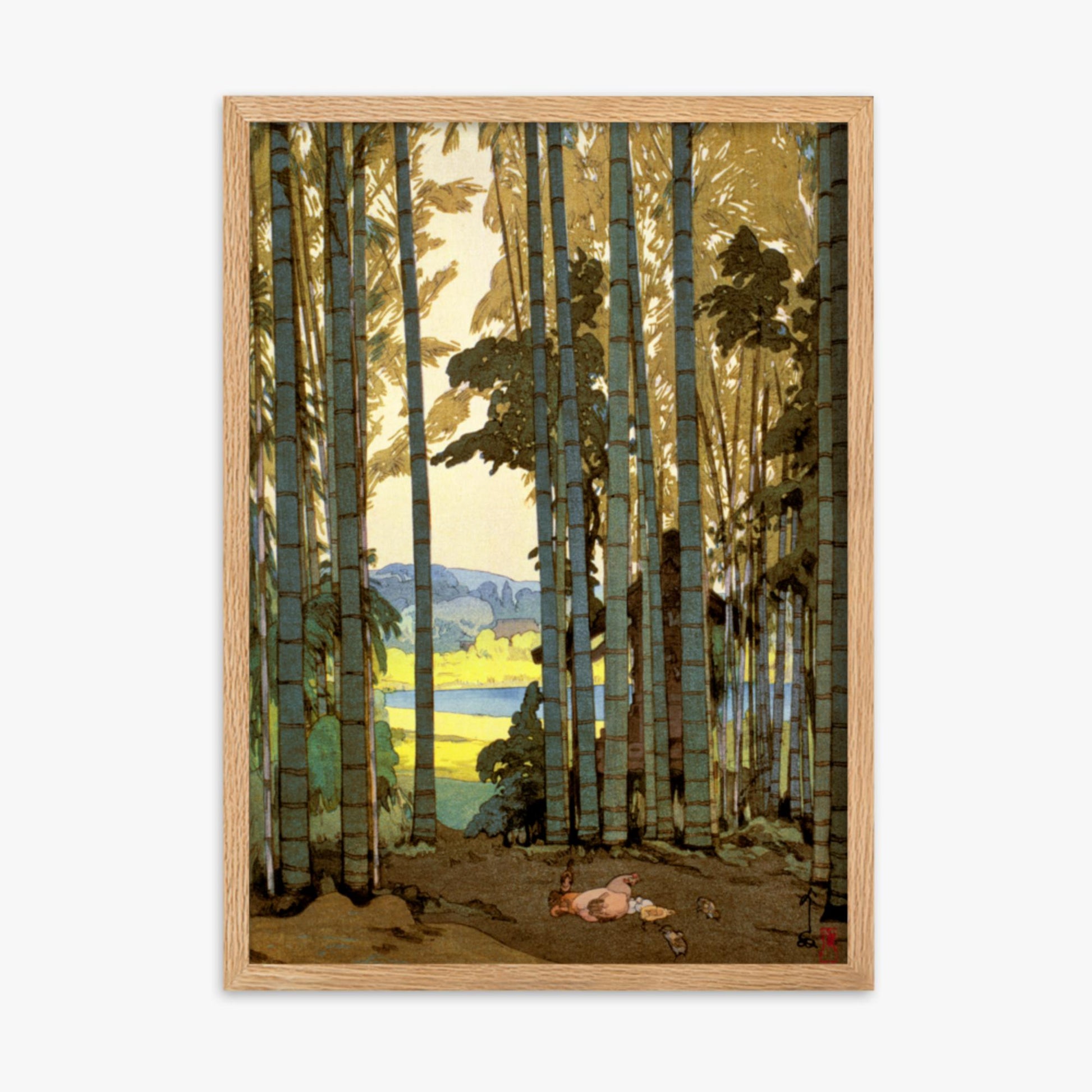 Hiroshi Yoshida: Hens in the bamboo wood - 50x70 cm Poster With Oak Frame