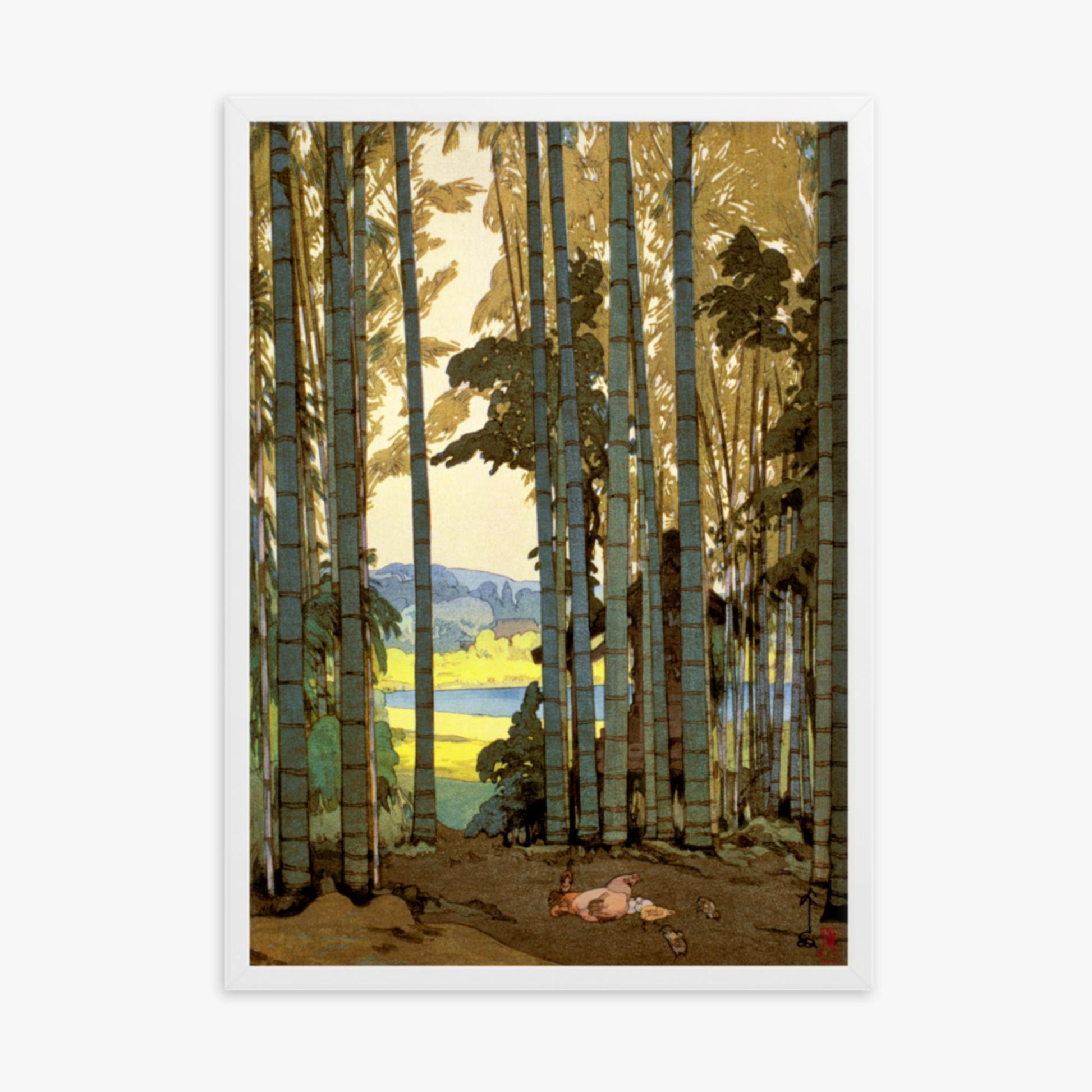 Hiroshi Yoshida: Hens in the bamboo wood - 50x70 cm Poster With White Frame