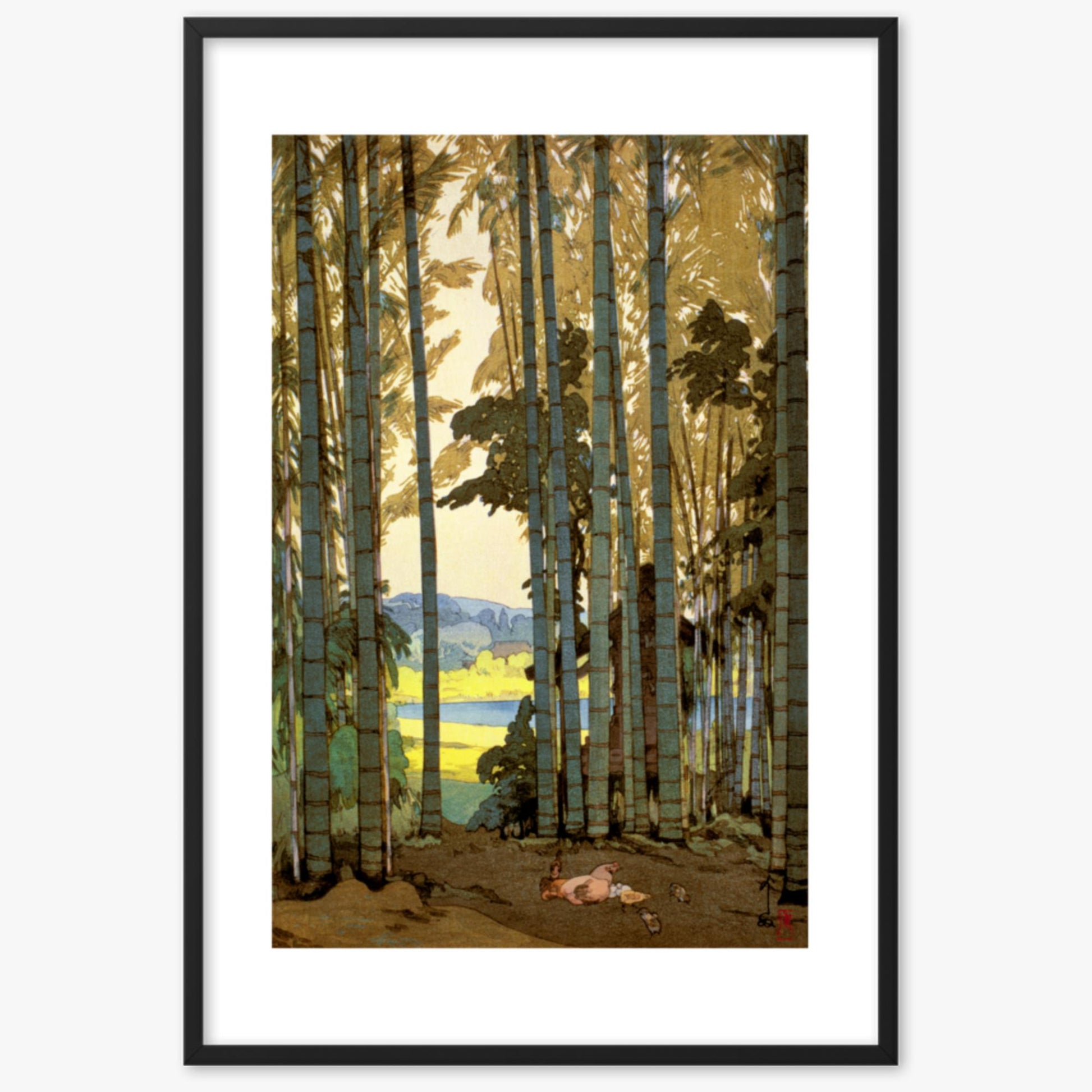 Hiroshi Yoshida: Hens in the bamboo wood - 61x91 cm Poster With Black Frame