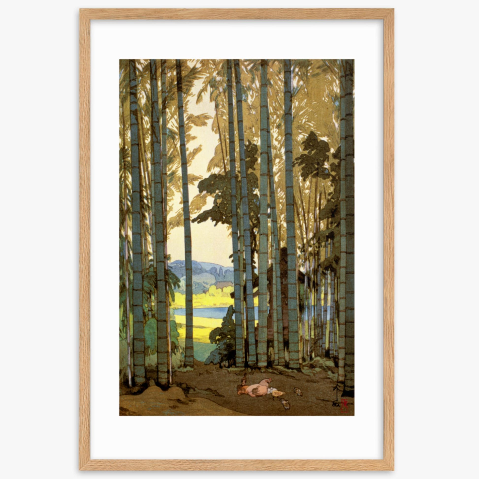 Hiroshi Yoshida: Hens in the bamboo wood - 61x91 cm Poster With Oak Frame