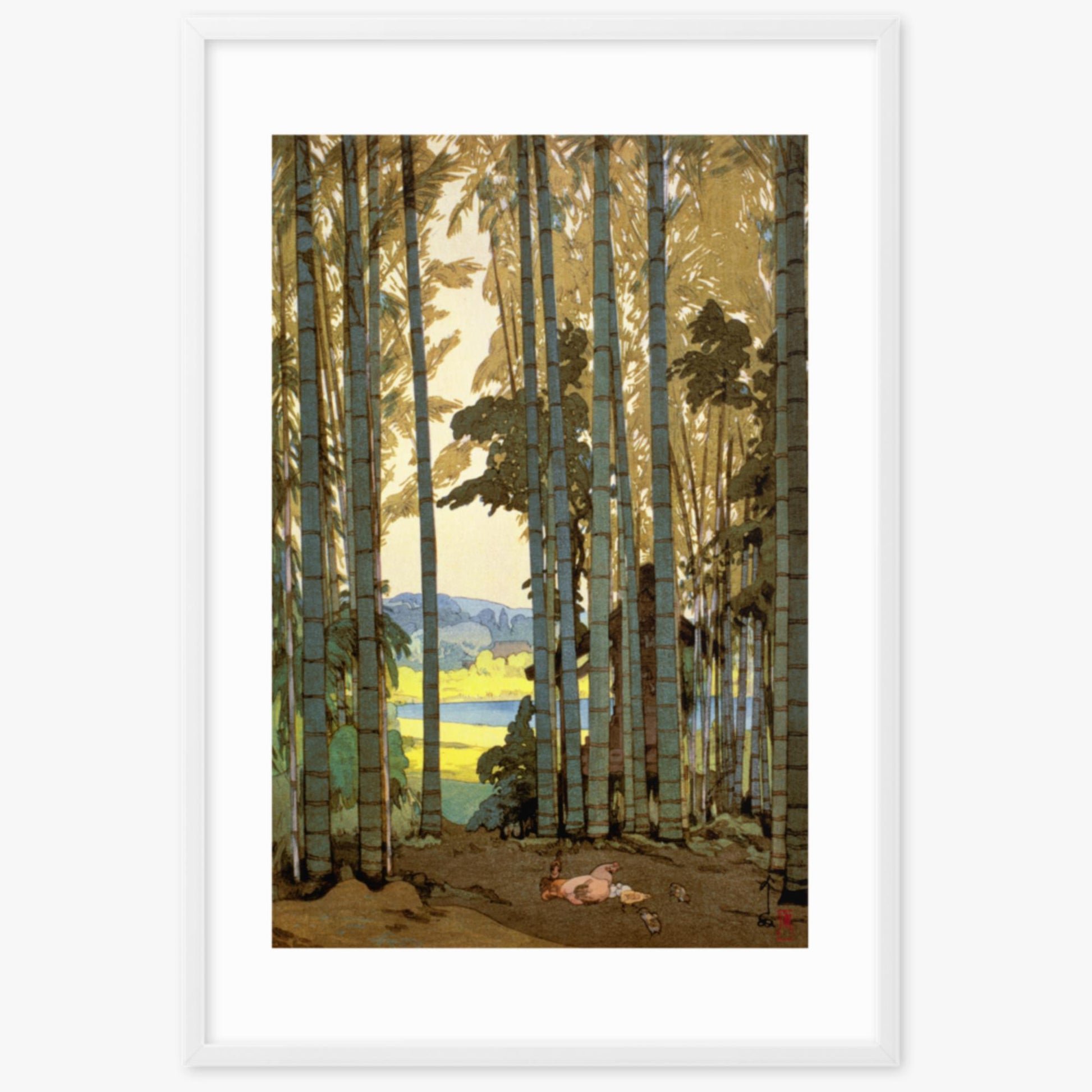 Hiroshi Yoshida: Hens in the bamboo wood - 61x91 cm Poster With White Frame