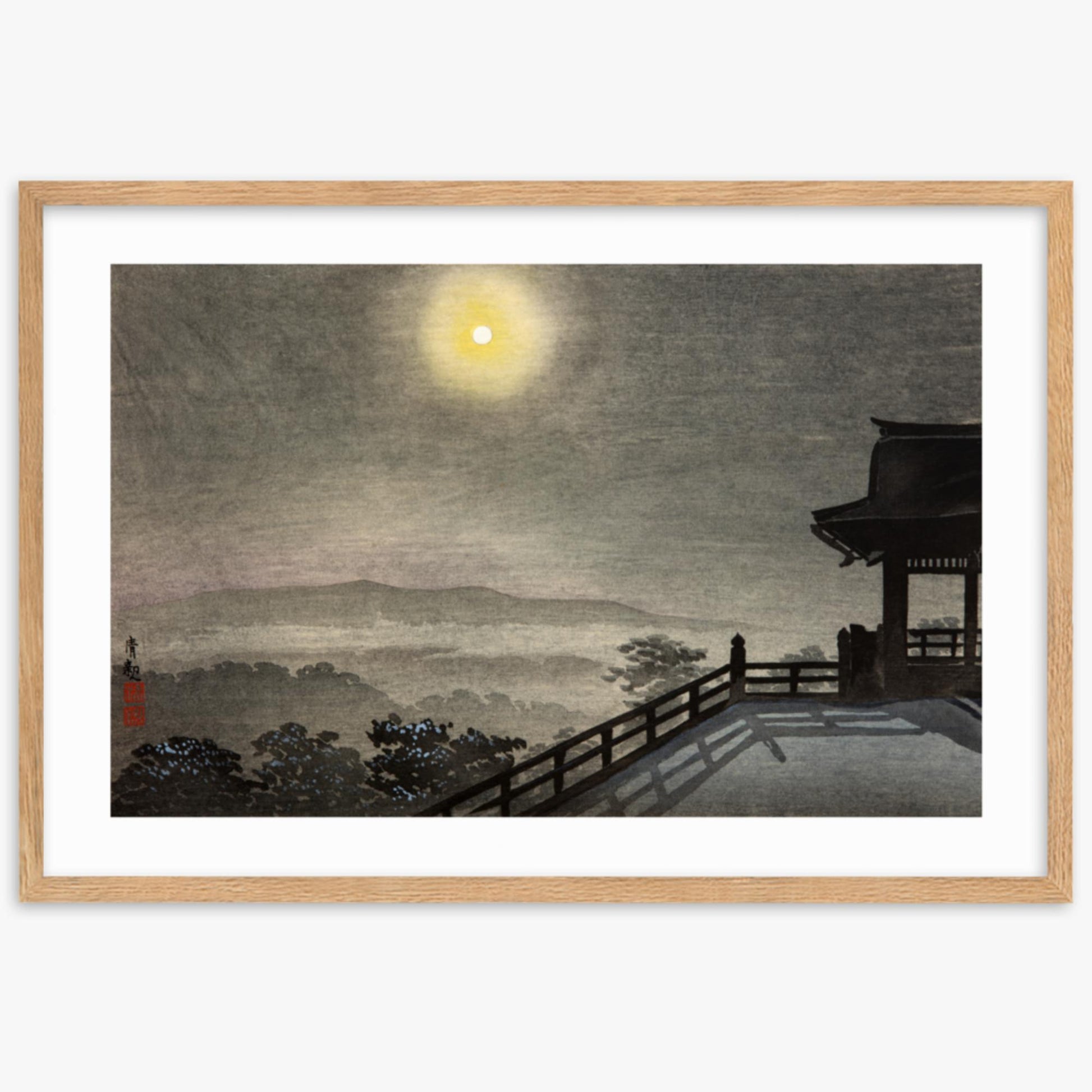 Kobayashi Kiyochika: Cool Moon Evening at Kiyomizudo in the Eastern Capital - 61x91 cm Poster With Oak Frame