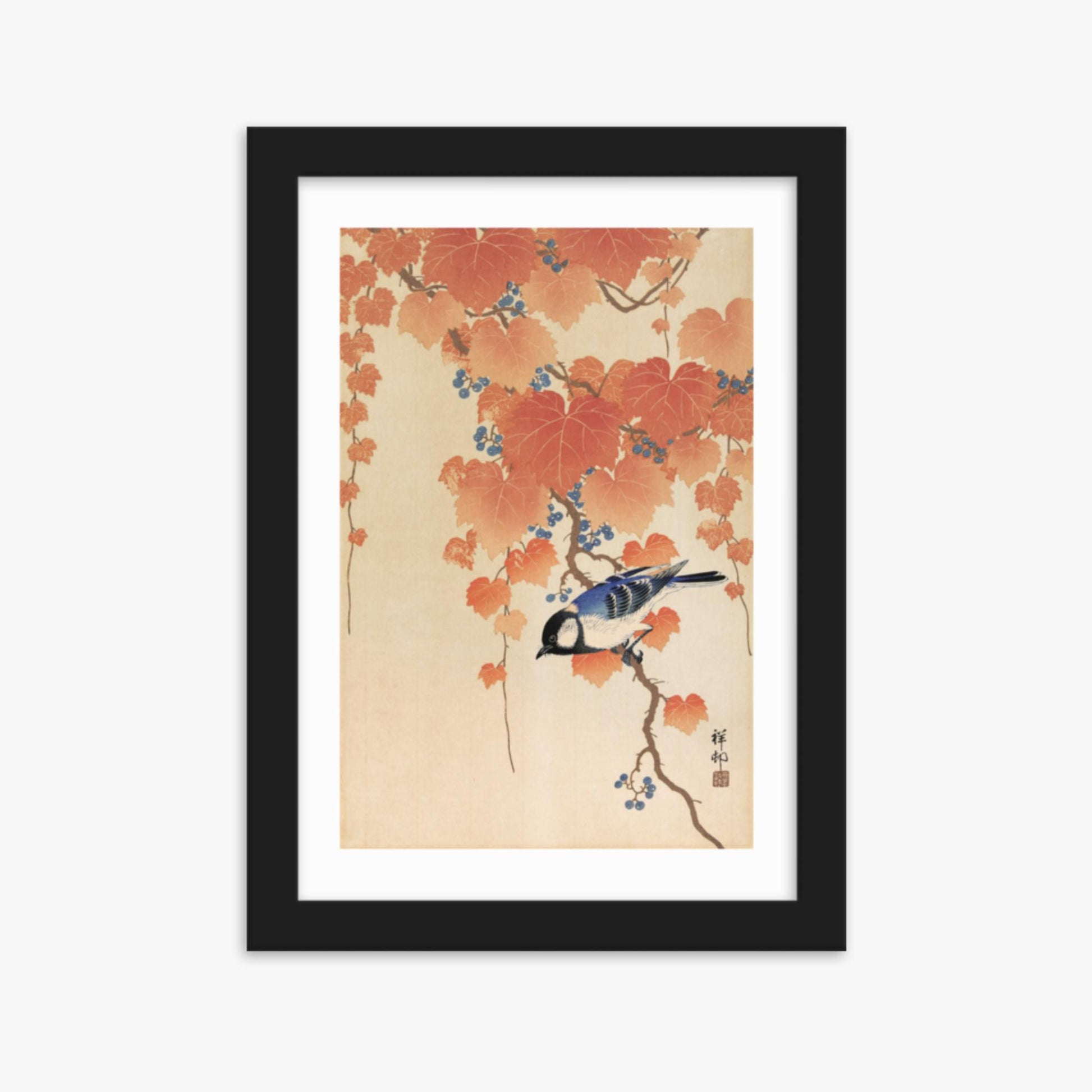 Ohara Koson - Great tit on paulownia branch 21x30 cm Poster With Black Frame