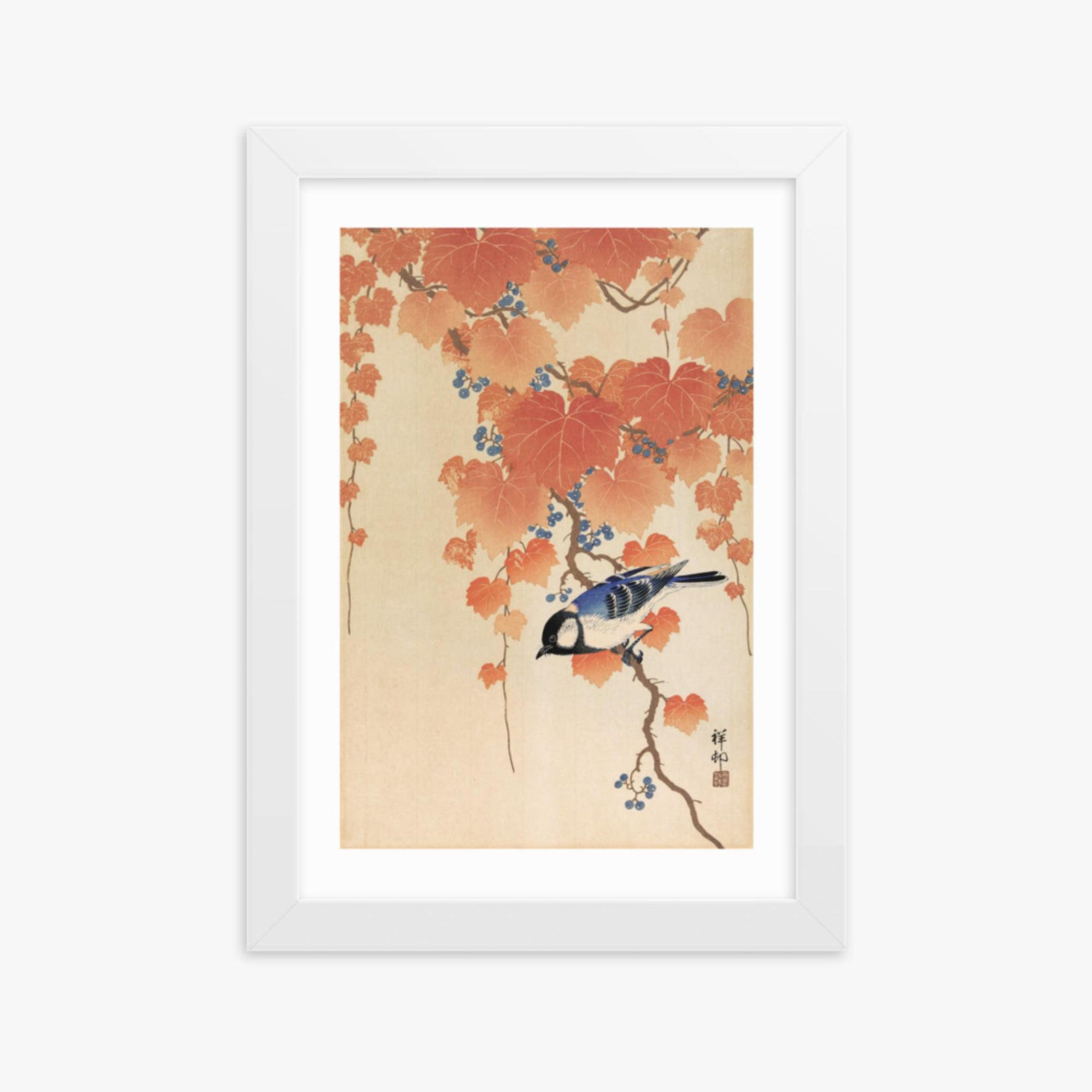 Ohara Koson - Great tit on paulownia branch 21x30 cm Poster With White Frame