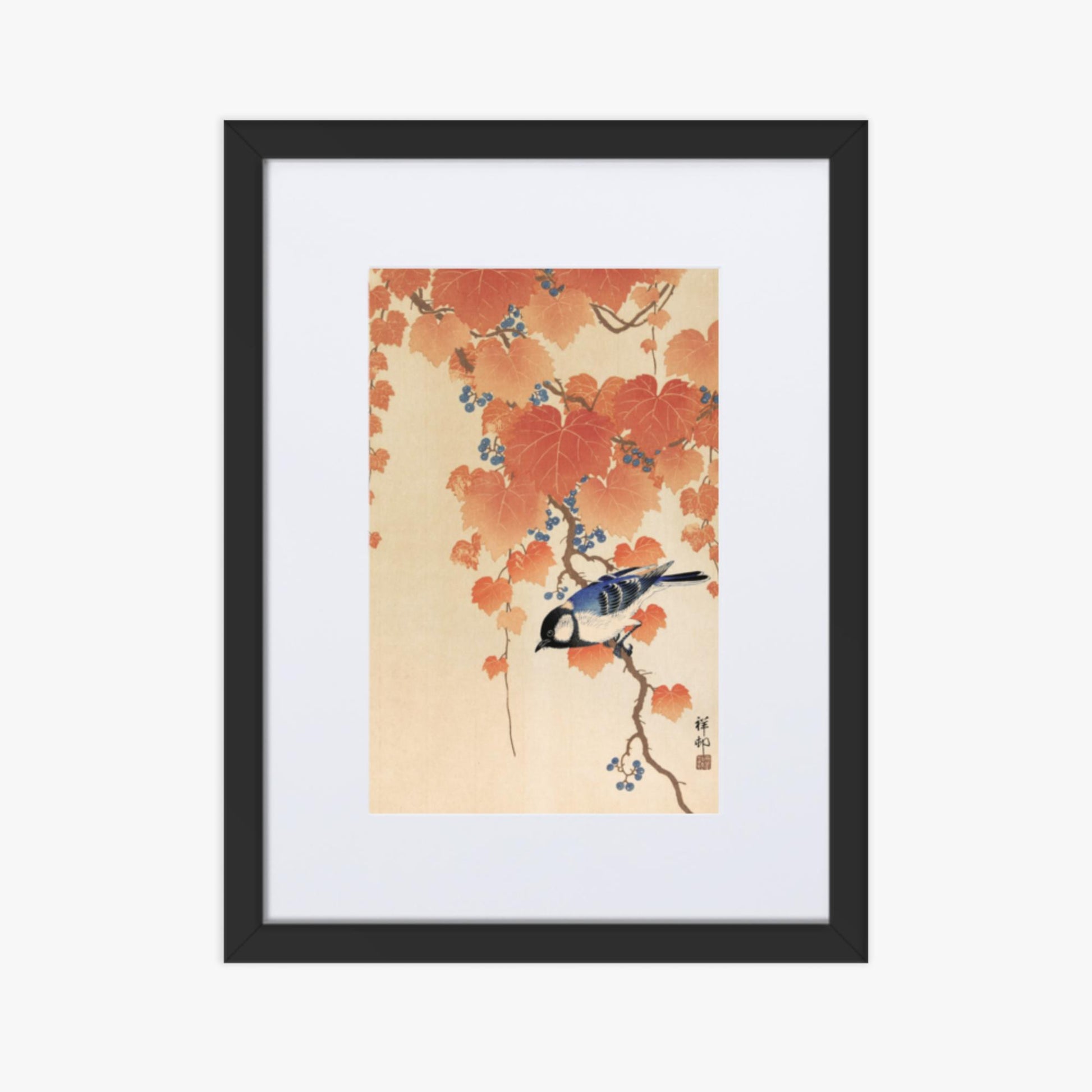 Ohara Koson - Great tit on paulownia branch 30x40 cm Poster With Black Frame