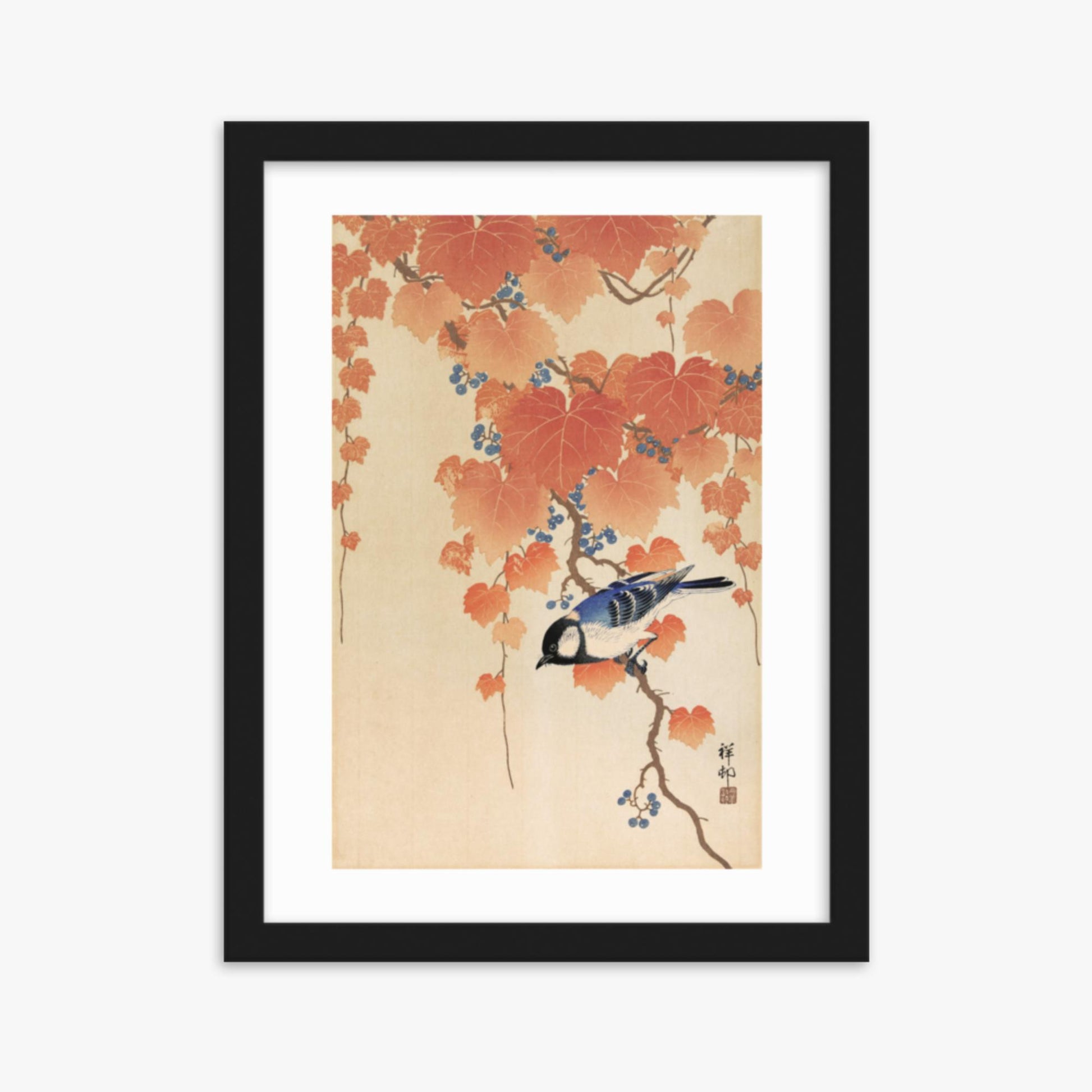 Ohara Koson - Great tit on paulownia branch 30x40 cm Poster With Black Frame