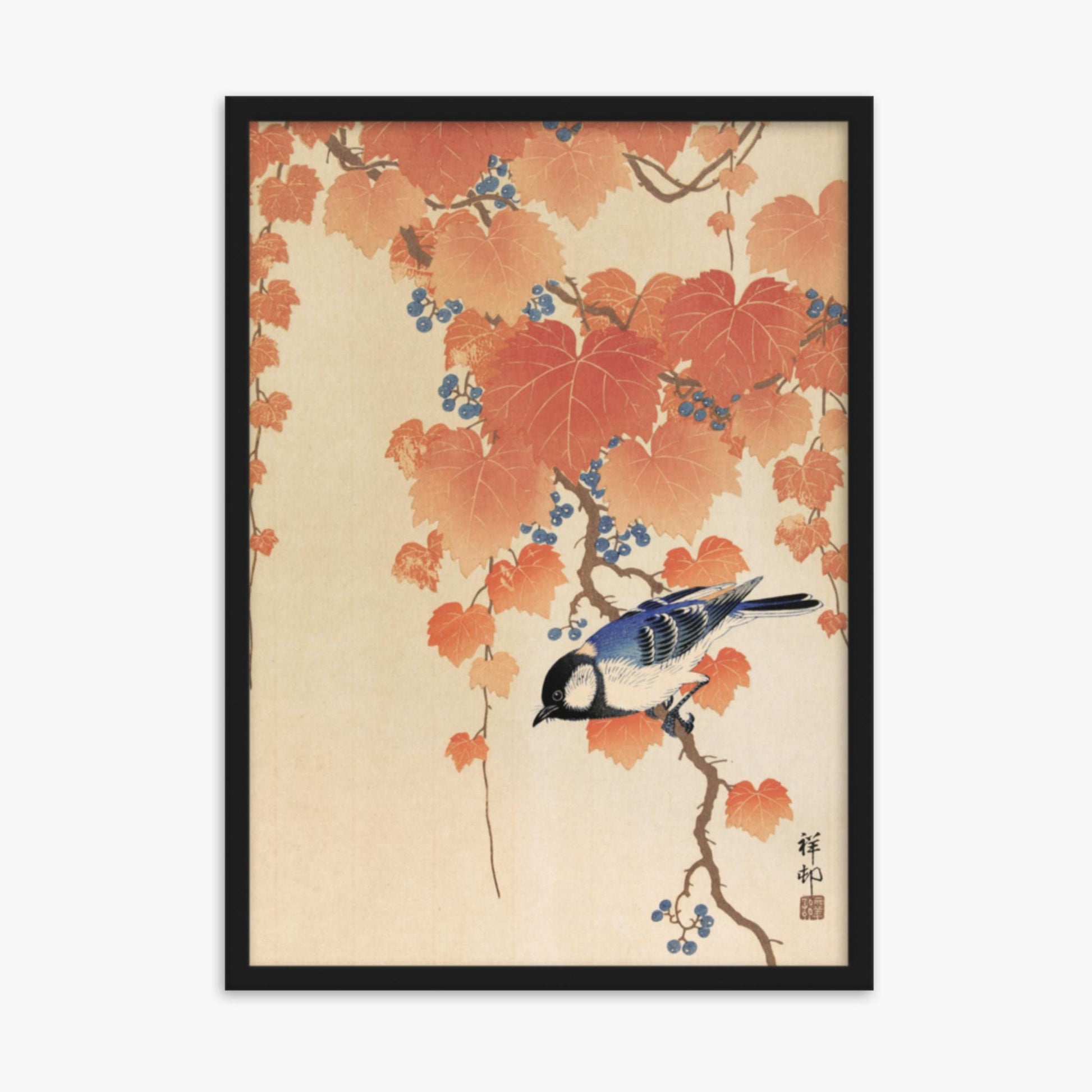 Ohara Koson - Great tit on paulownia branch 50x70 cm Poster With Black Frame