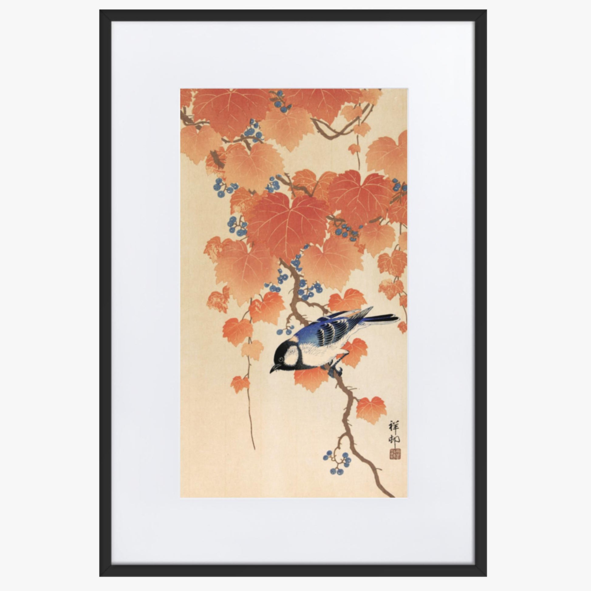 Ohara Koson - Great tit on paulownia branch 61x91 cm Poster With Black Frame