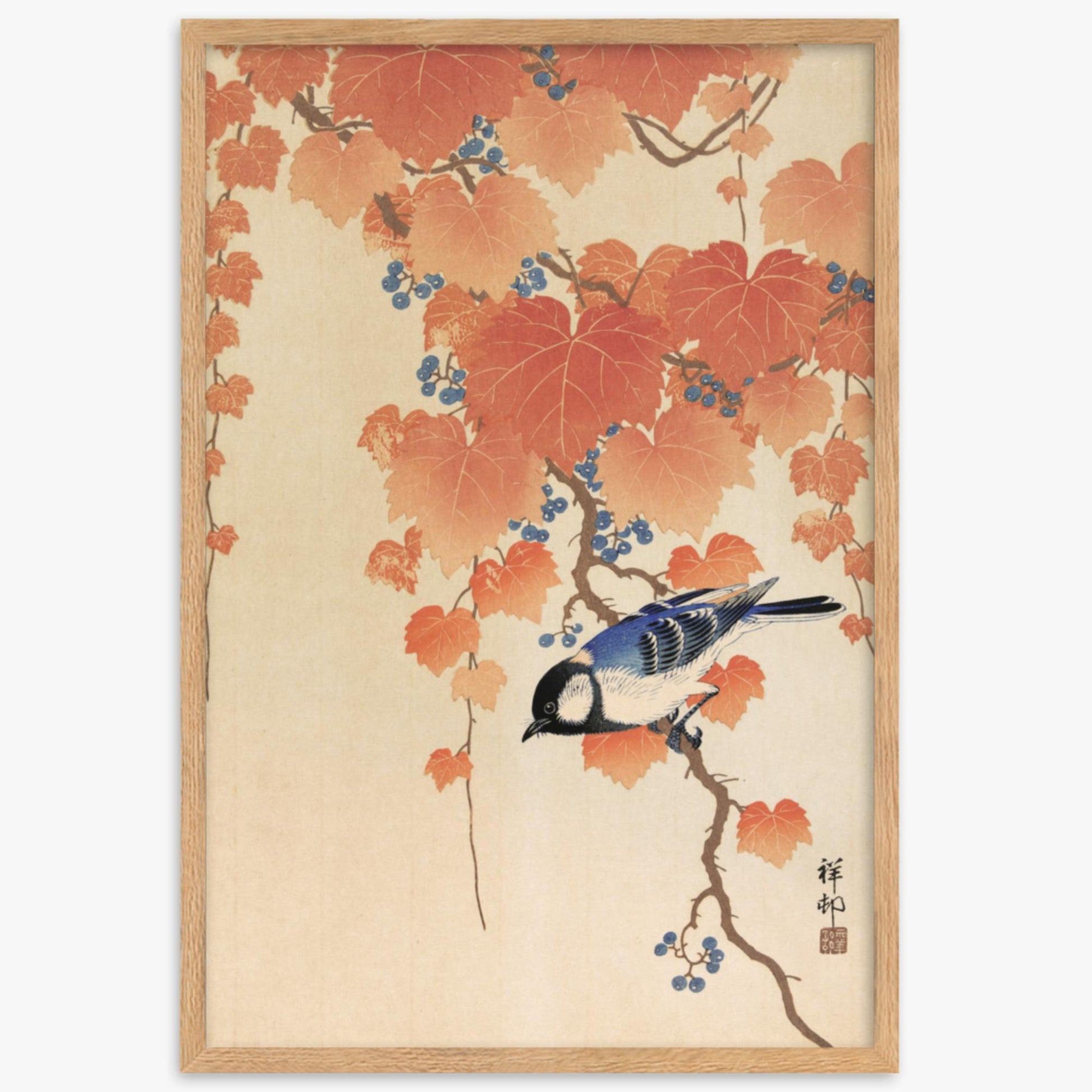 Ohara Koson - Great tit on paulownia branch 61x91 cm Poster With Oak Frame