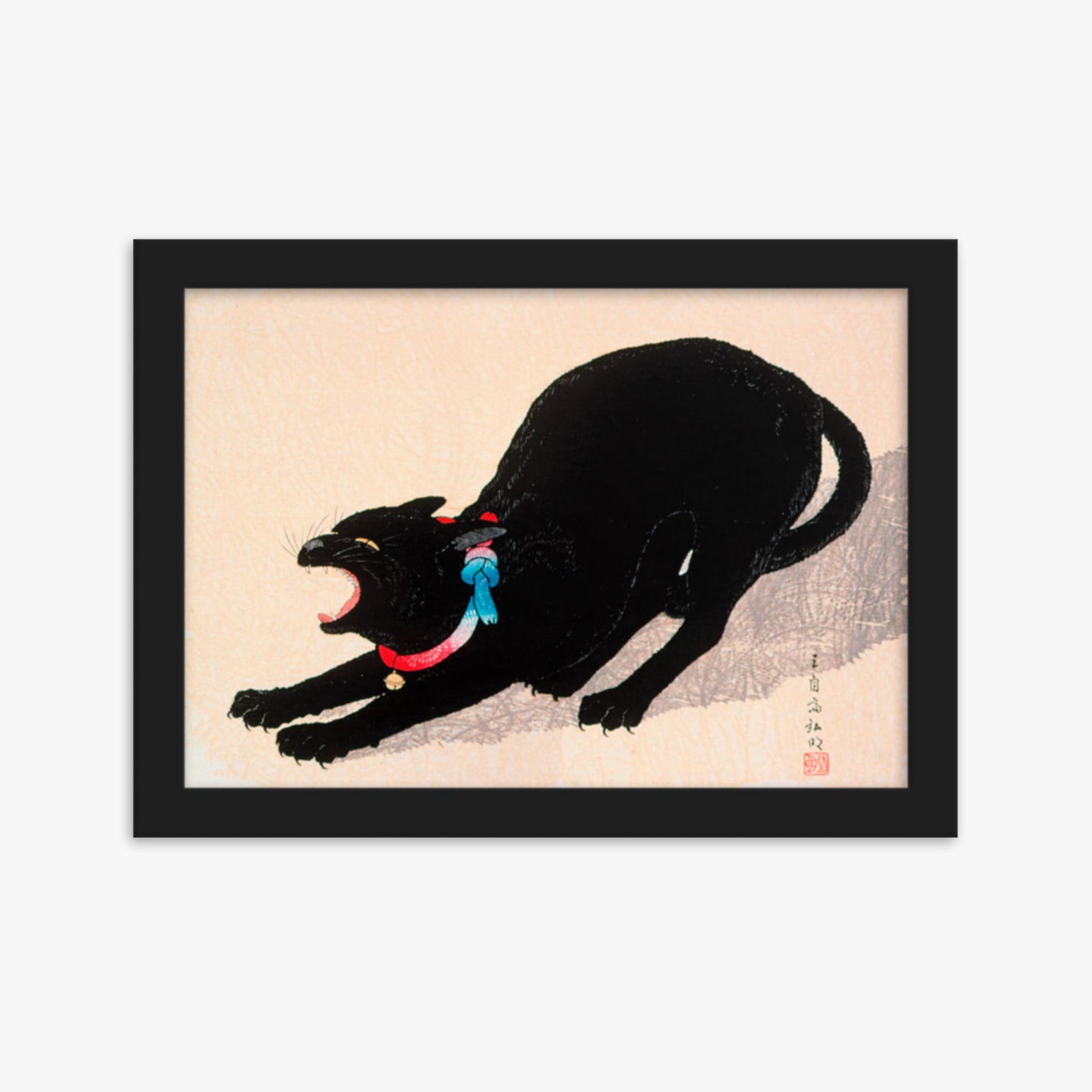 Takahashi Hiroaki (Shōtei) - Black Cat Hissing 21x30 cm Poster With Black Frame