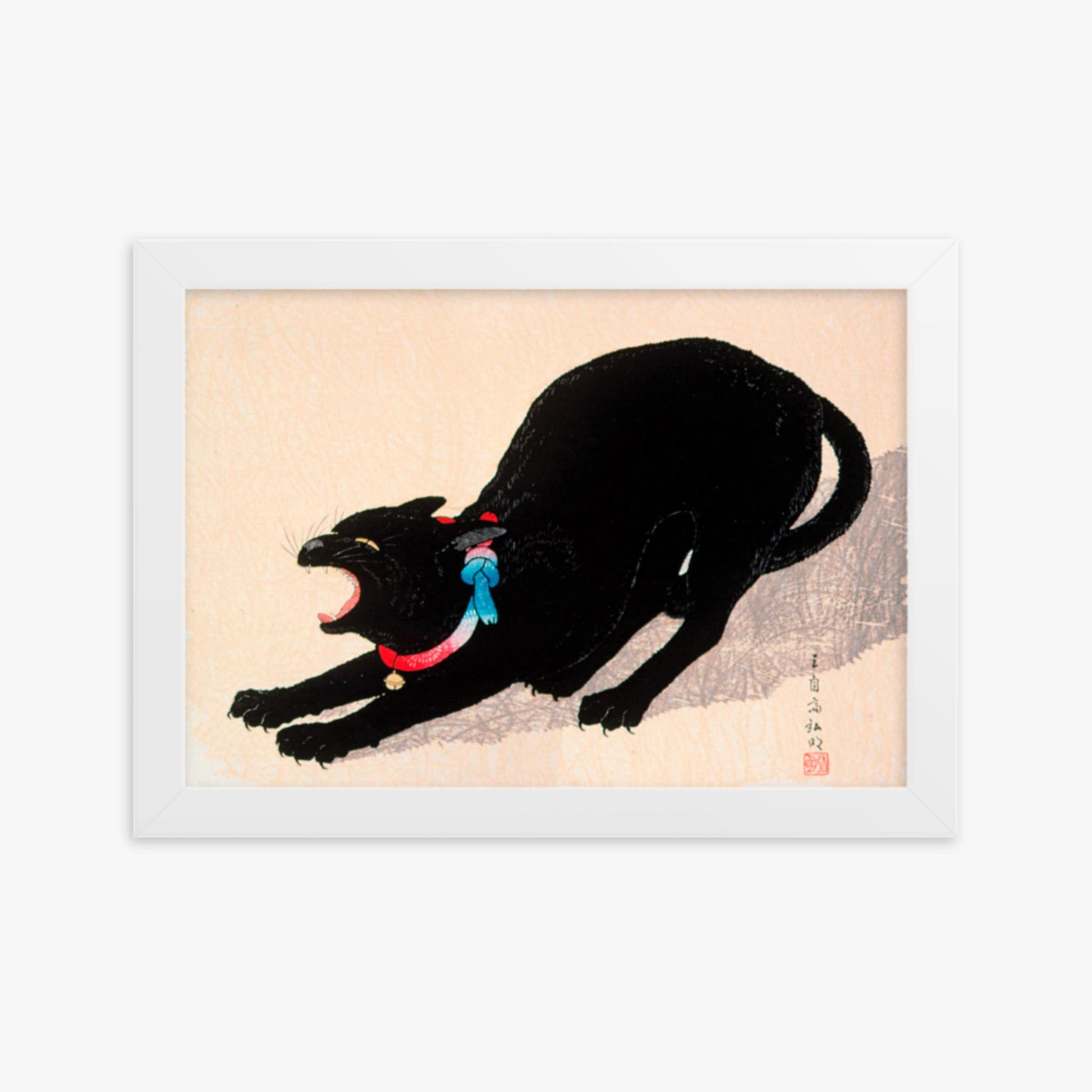 Takahashi Hiroaki (Shōtei) - Black Cat Hissing 21x30 cm Poster With White Frame