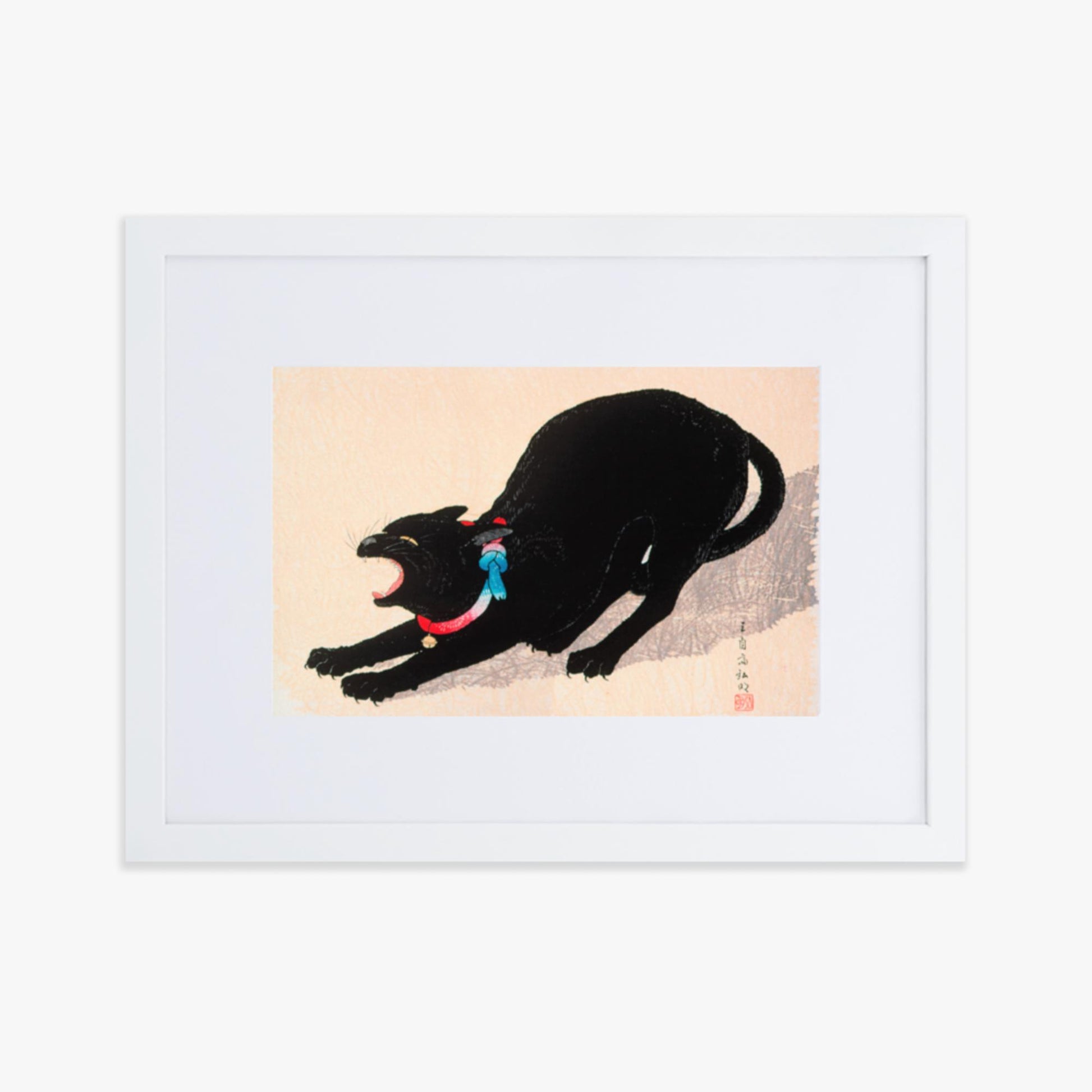 Takahashi Hiroaki (Shōtei) - Black Cat Hissing 30x40 cm Poster With White Frame