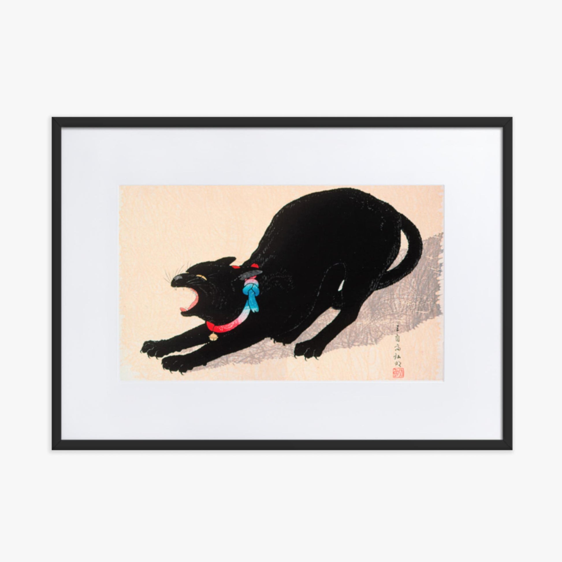 Takahashi Hiroaki (Shōtei) - Black Cat Hissing 50x70 cm Poster With Black Frame