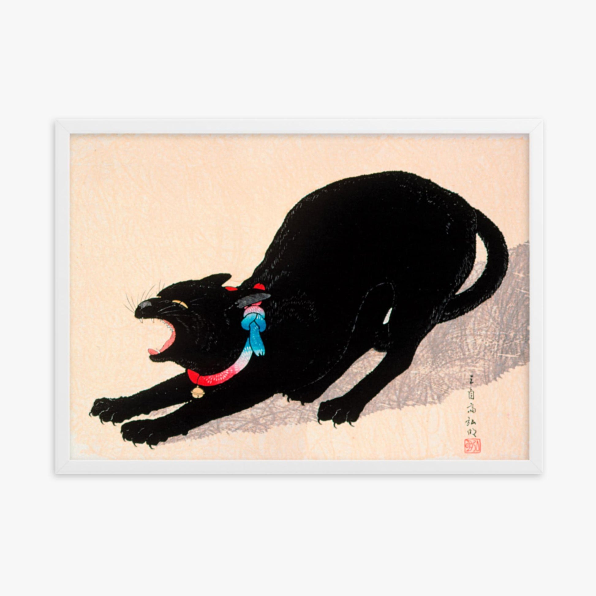 Takahashi Hiroaki (Shōtei) - Black Cat Hissing 50x70 cm Poster With White Frame