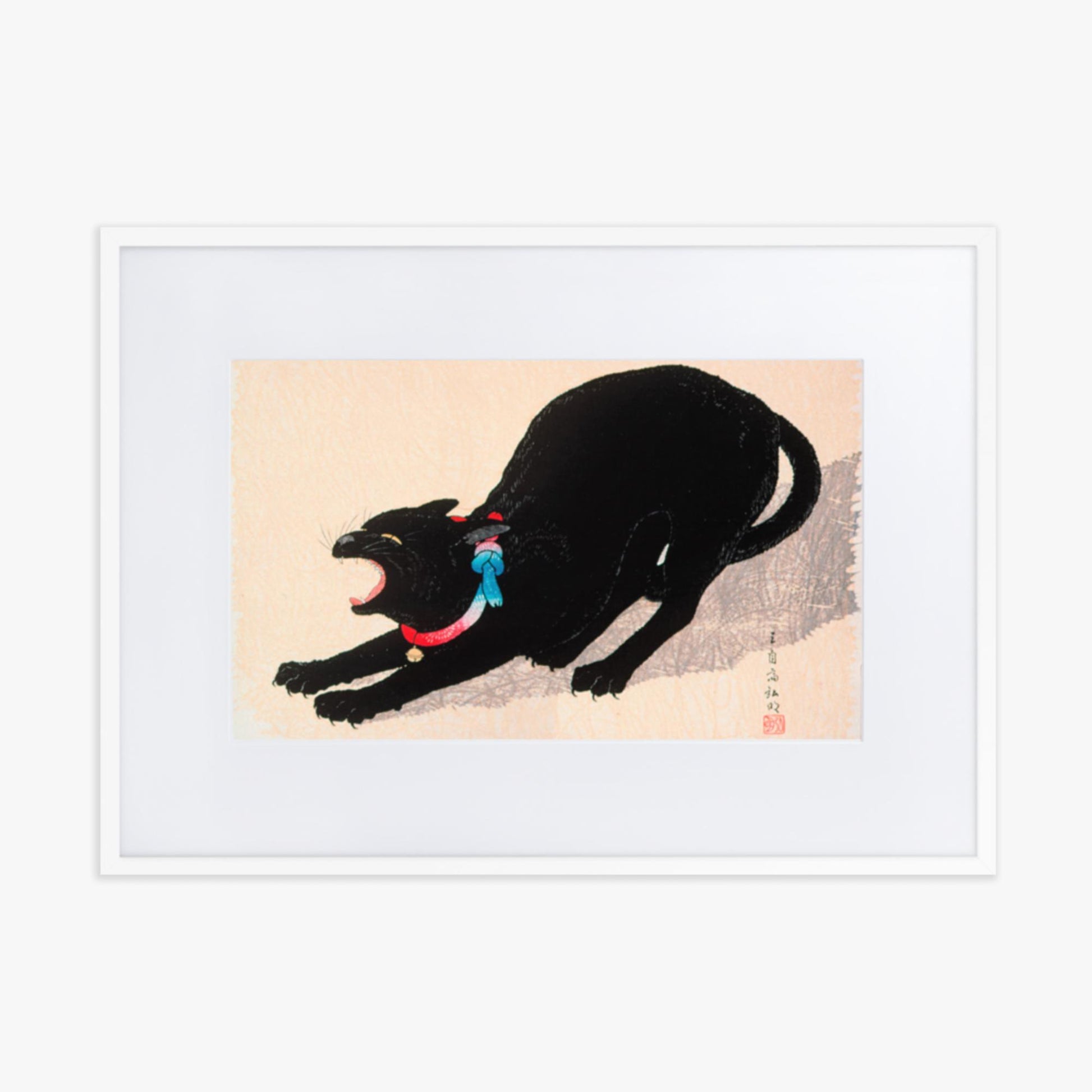 Takahashi Hiroaki (Shōtei) - Black Cat Hissing 50x70 cm Poster With White Frame