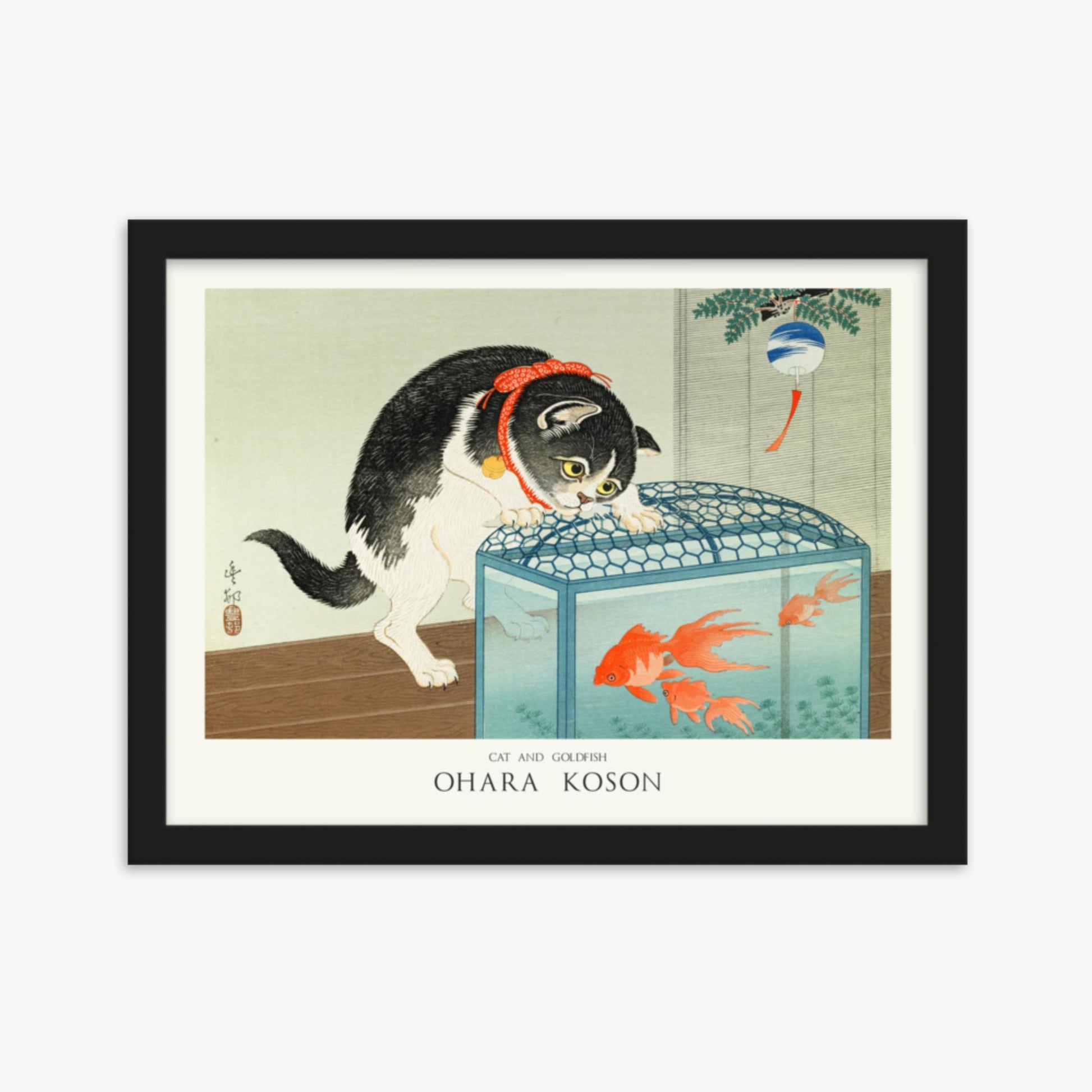 Ohara Koson: Cat and Goldfish - Japandi - 30x40 cm Poster With Black Frame