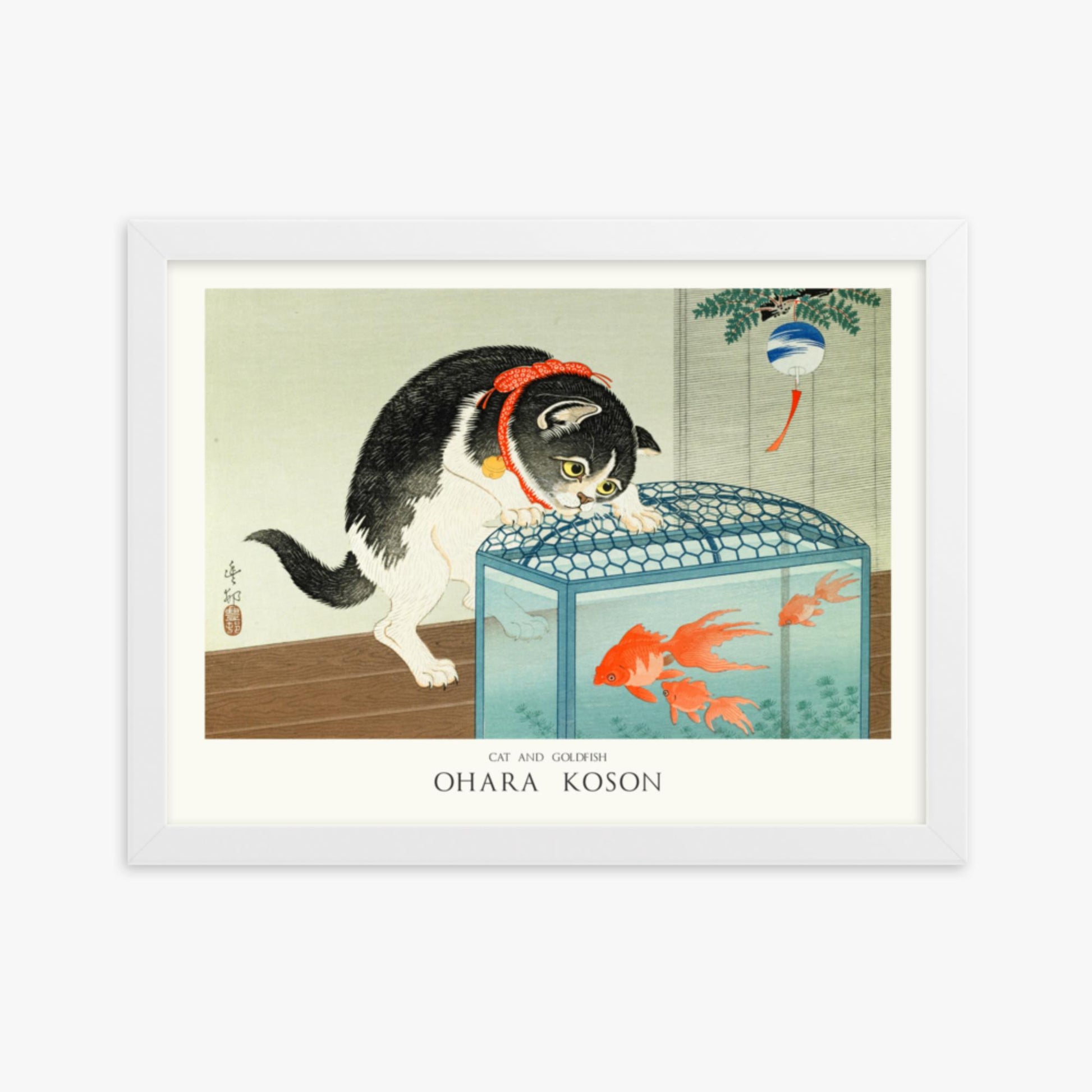 Ohara Koson: Cat and Goldfish - Japandi - 30x40 cm Poster With White Frame