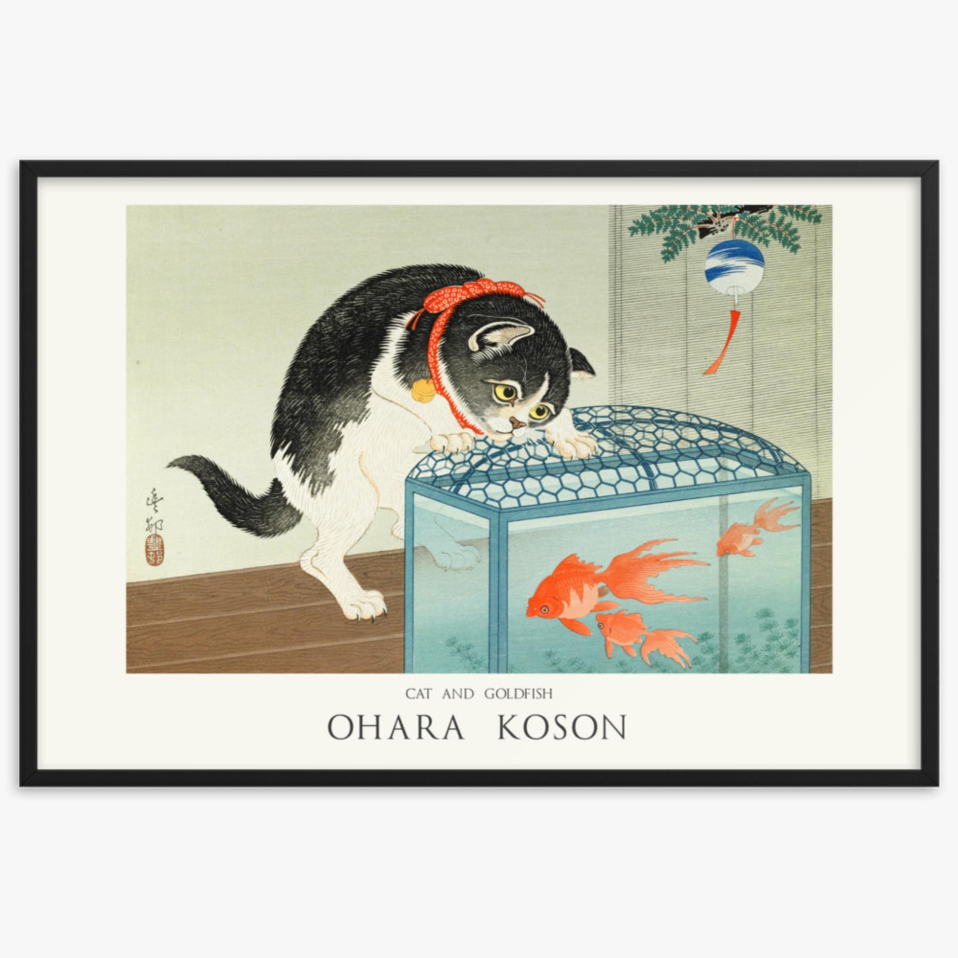 Ohara Koson: Cat and Goldfish - Japandi - 61x91 cm Poster With Black Frame