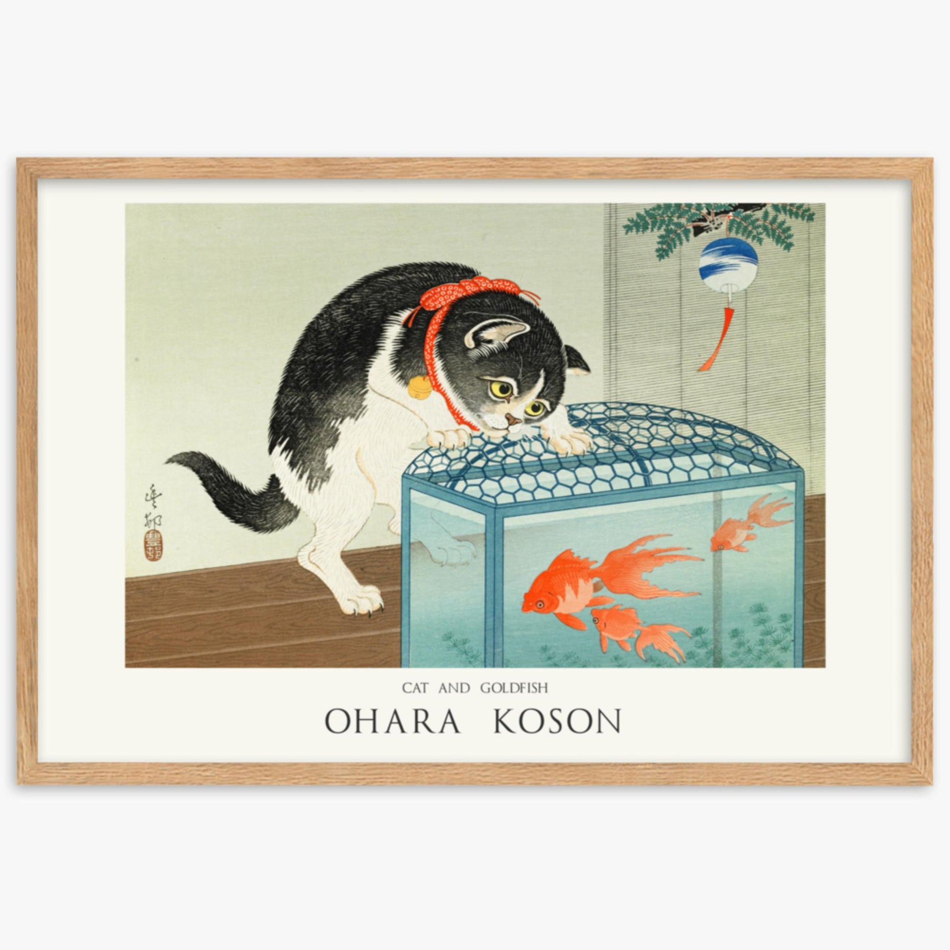 Ohara Koson: Cat and Goldfish - Japandi - 61x91 cm Poster With Oak Frame