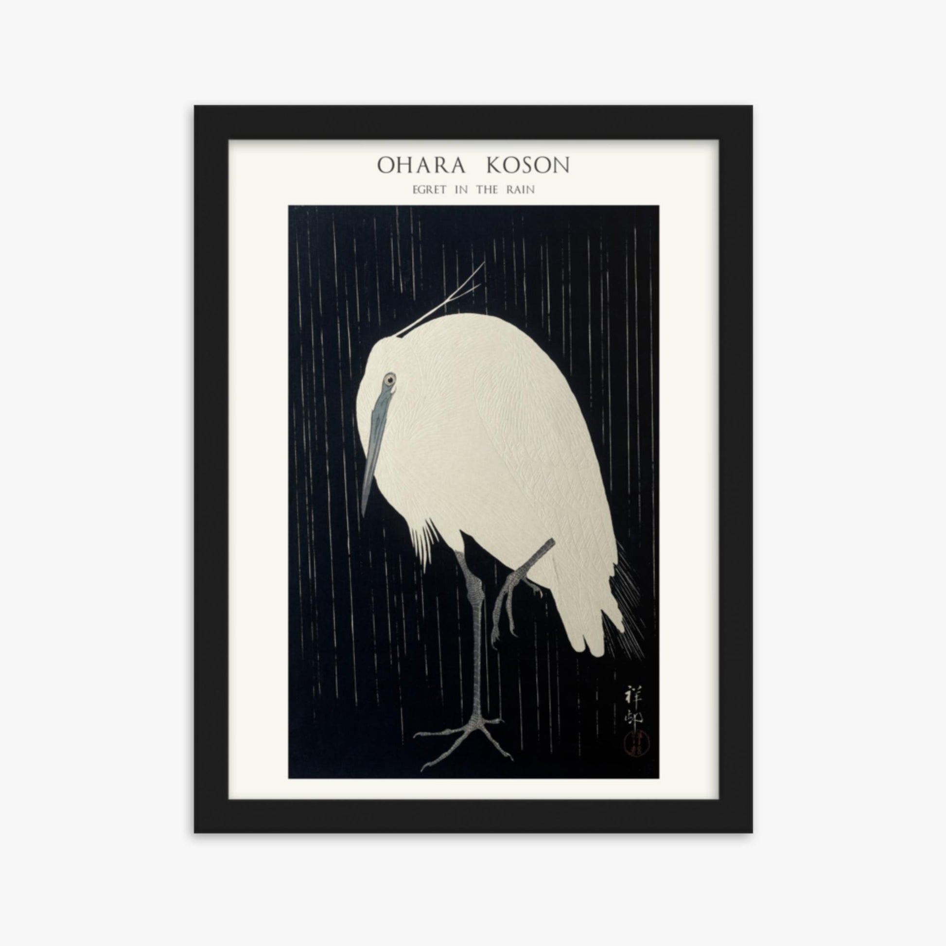 Ohara Koson: Egret in the Rain - Japandi - 30x40 cm Poster With Black Frame