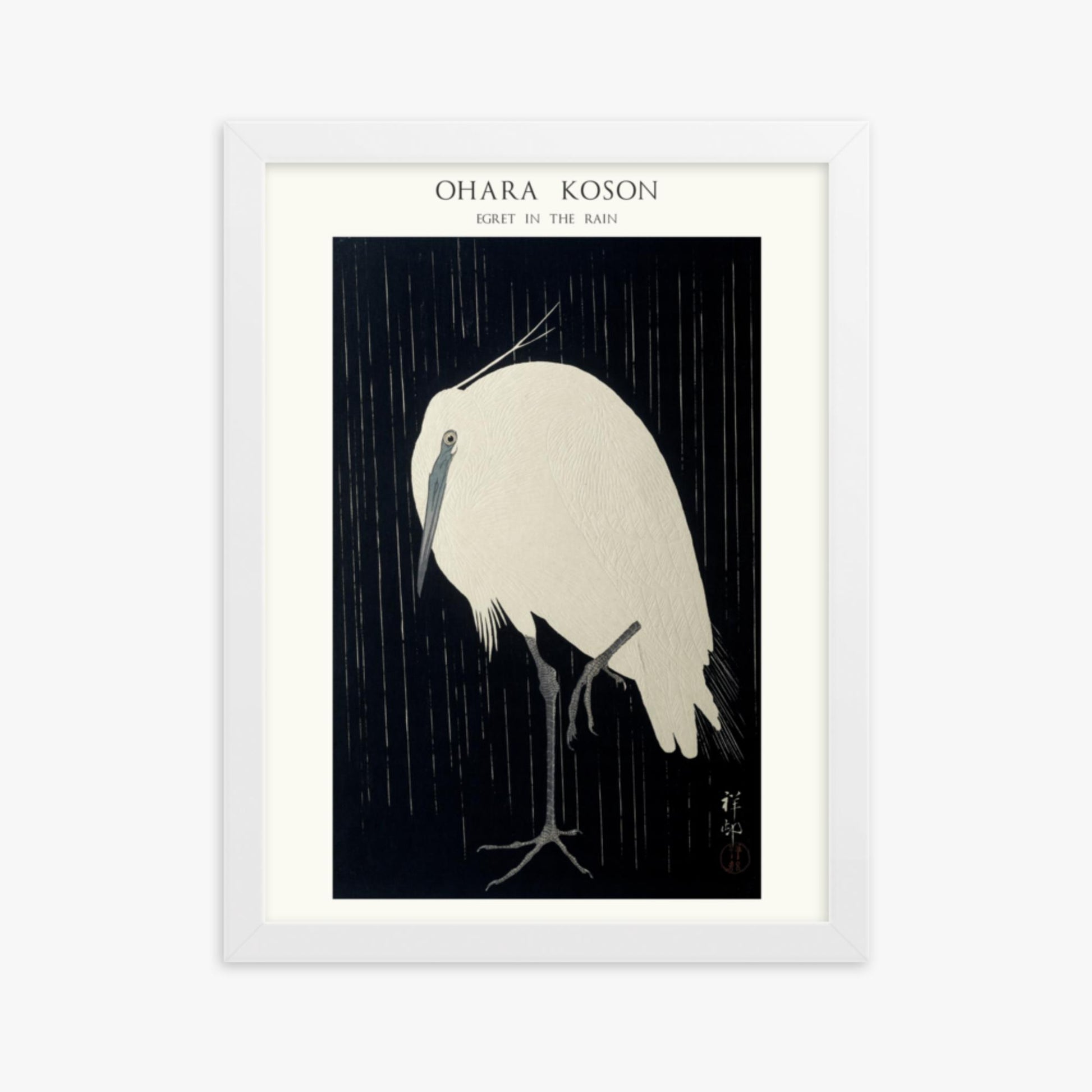 Ohara Koson: Egret in the Rain - Japandi - 30x40 cm Poster With White Frame