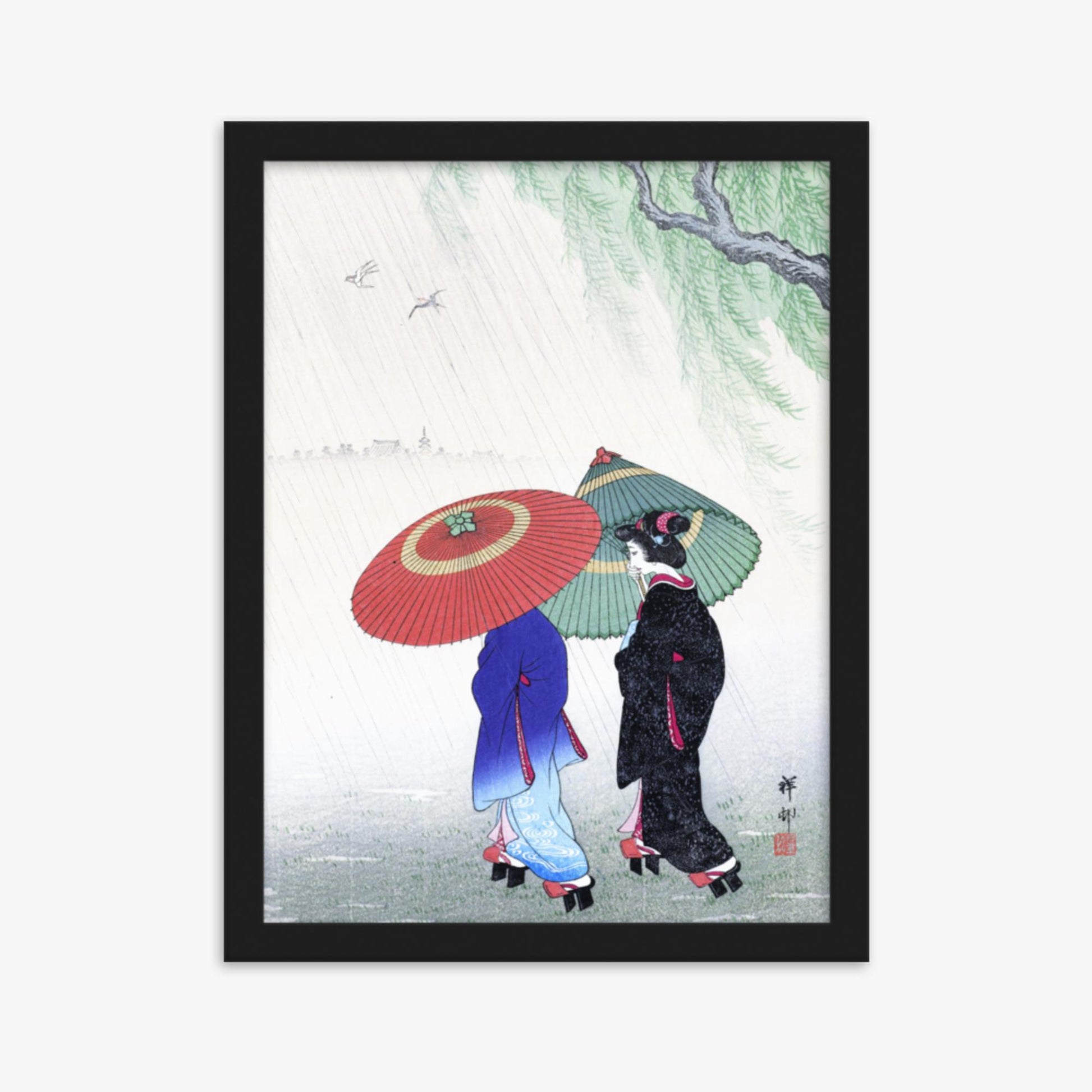 Ohara Koson - Two Women in the Rain 30x40 cm Poster With Black Frame