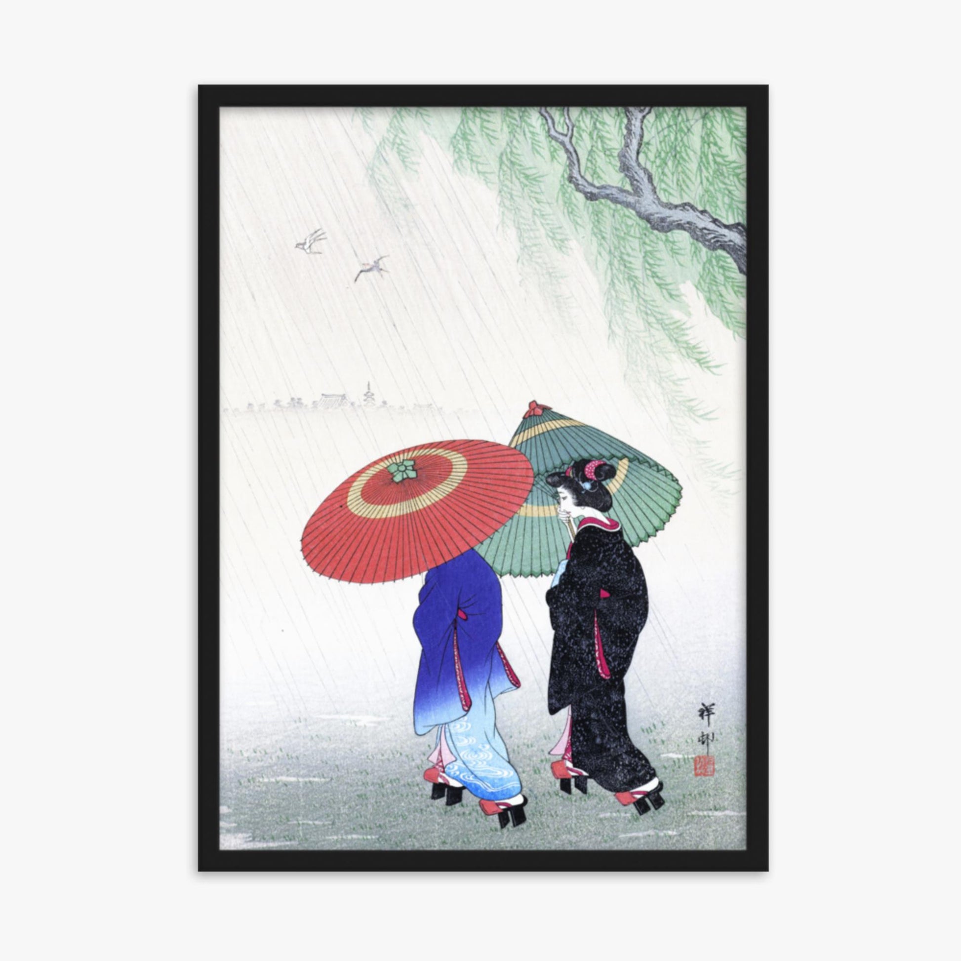 Ohara Koson - Two Women in the Rain 50x70 cm Poster With Black Frame