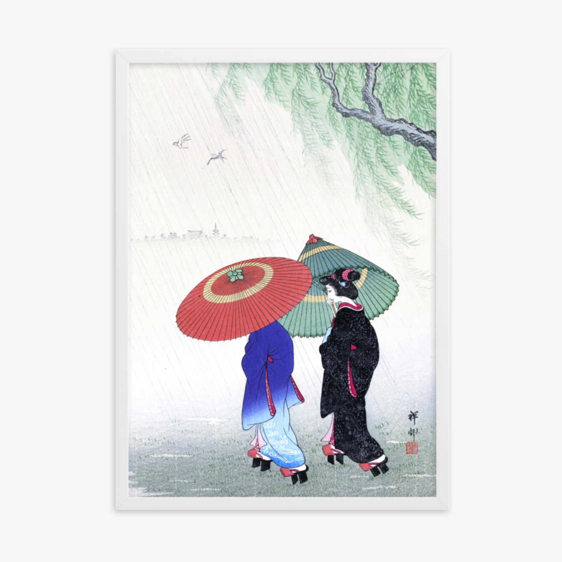 Ohara Koson - Two Women in the Rain 50x70 cm Poster With White Frame