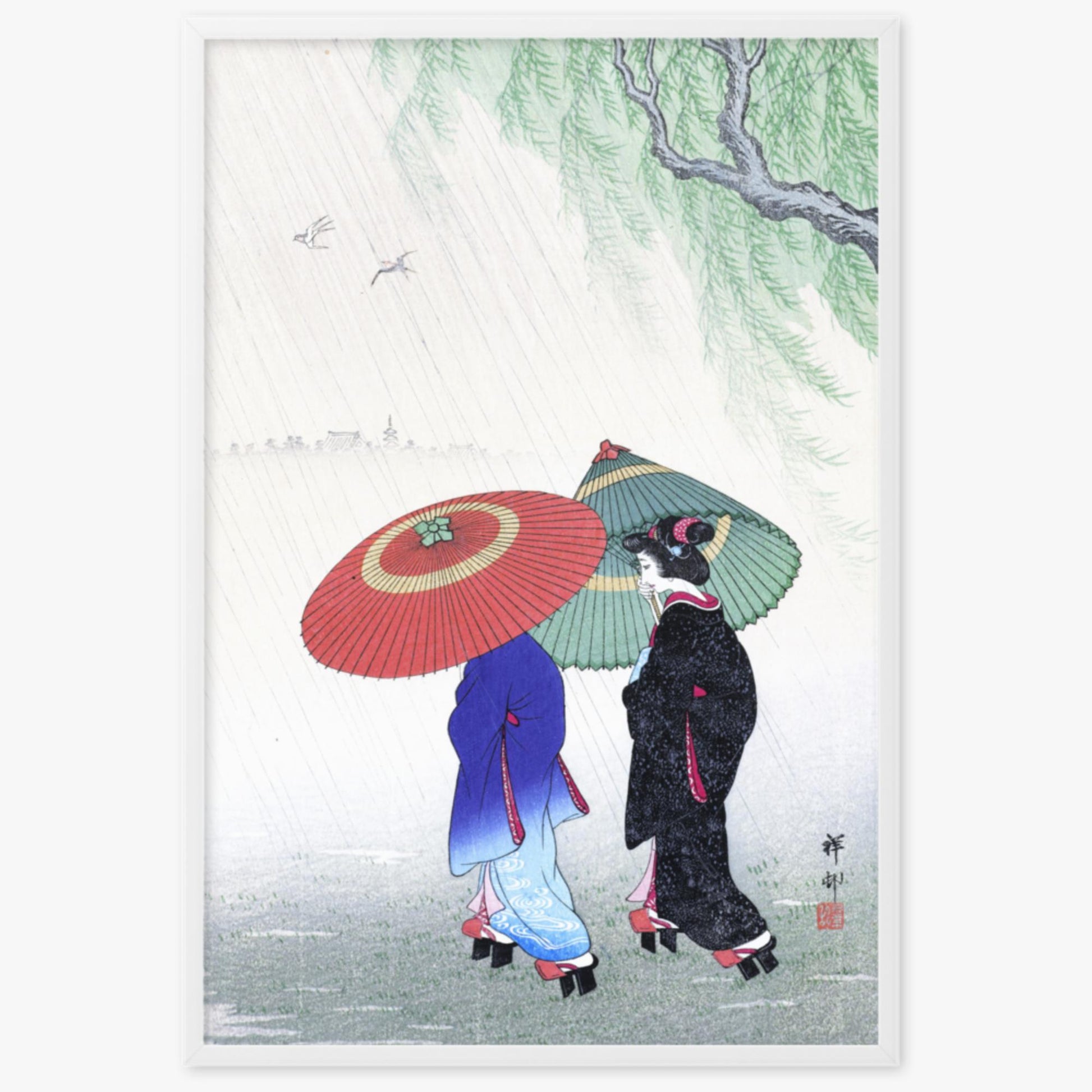 Ohara Koson - Two Women in the Rain 61x91 cm Poster With White Frame