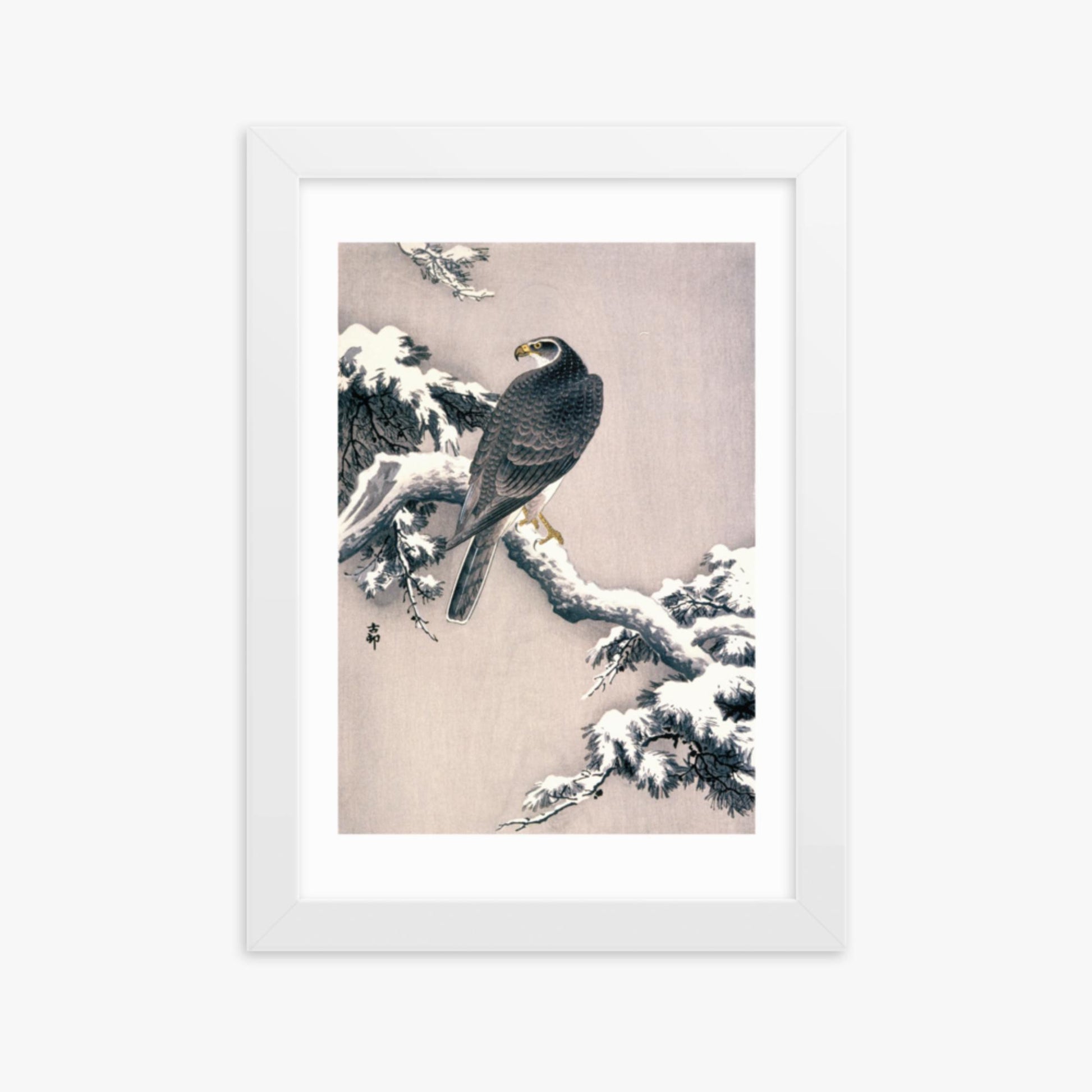 Ohara Koson - Goshawk on Snow-covered Pine Bough  21x30 cm Poster With White Frame