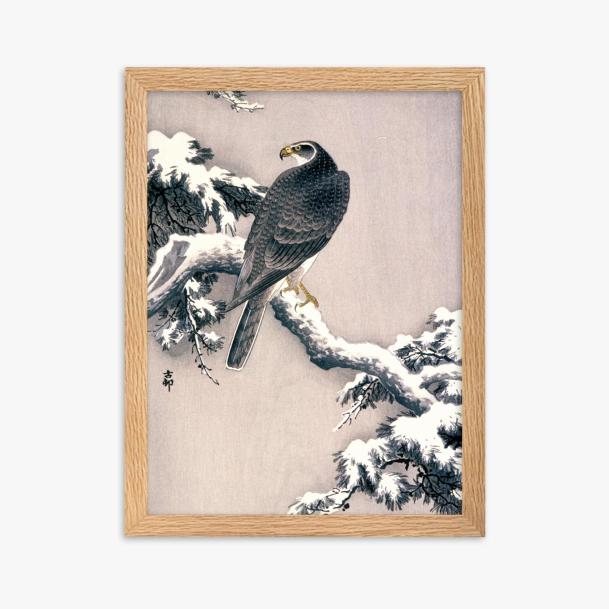 Ohara Koson - Goshawk on Snow-covered Pine Bough  30x40 cm Poster With Oak Frame