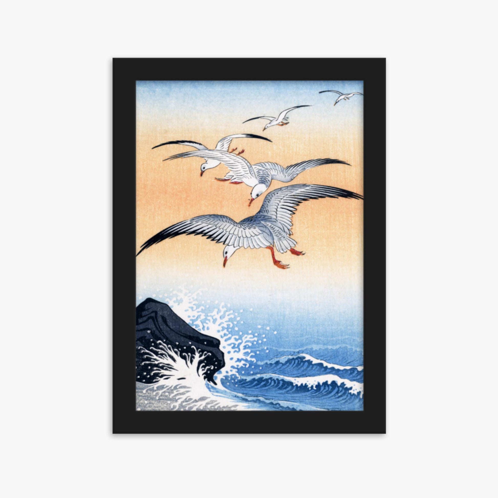 Ohara Koson - Five Seagulls Above Turbulent Sea 21x30 cm Poster With Black Frame