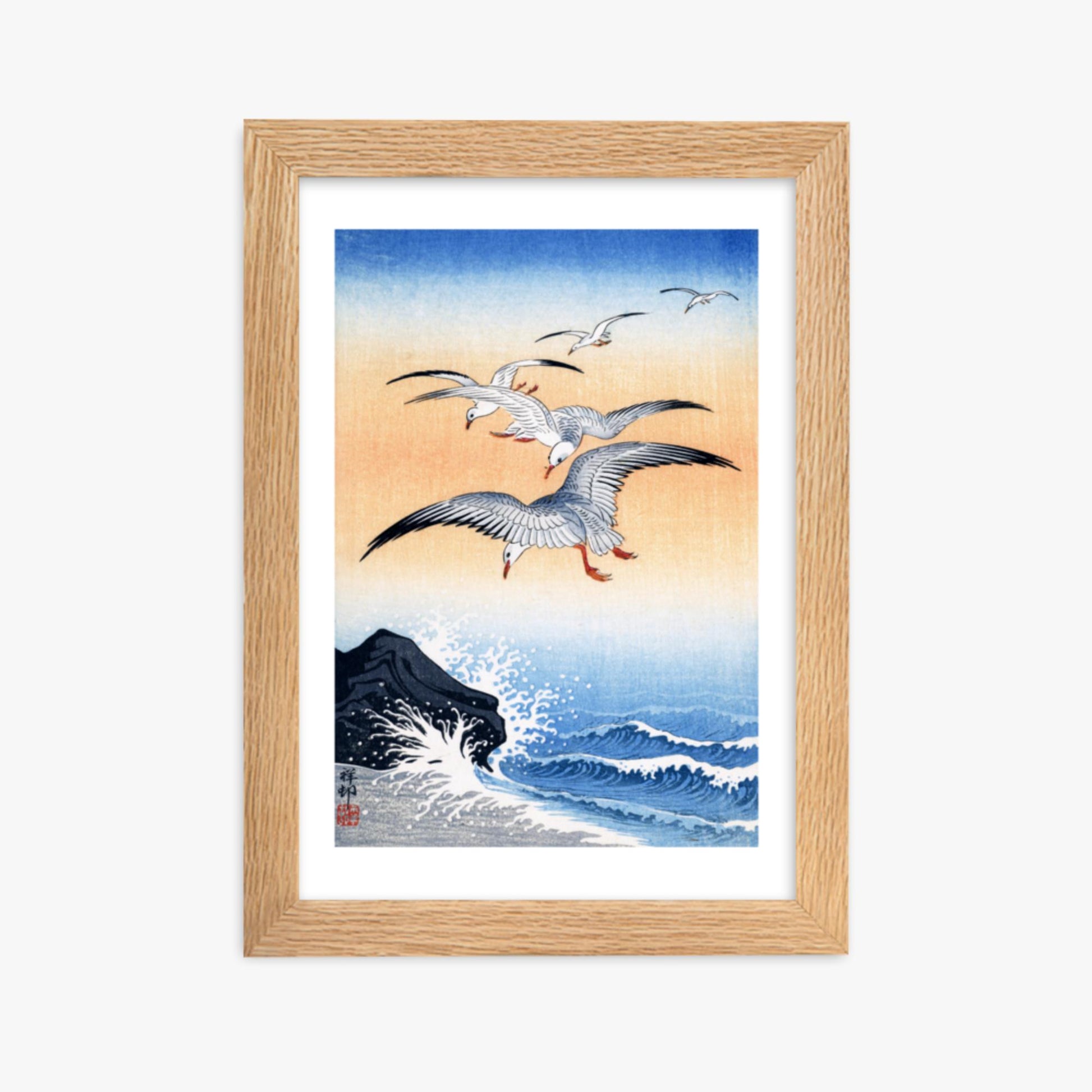 Ohara Koson - Five Seagulls Above Turbulent Sea 21x30 cm Poster With Oak Frame