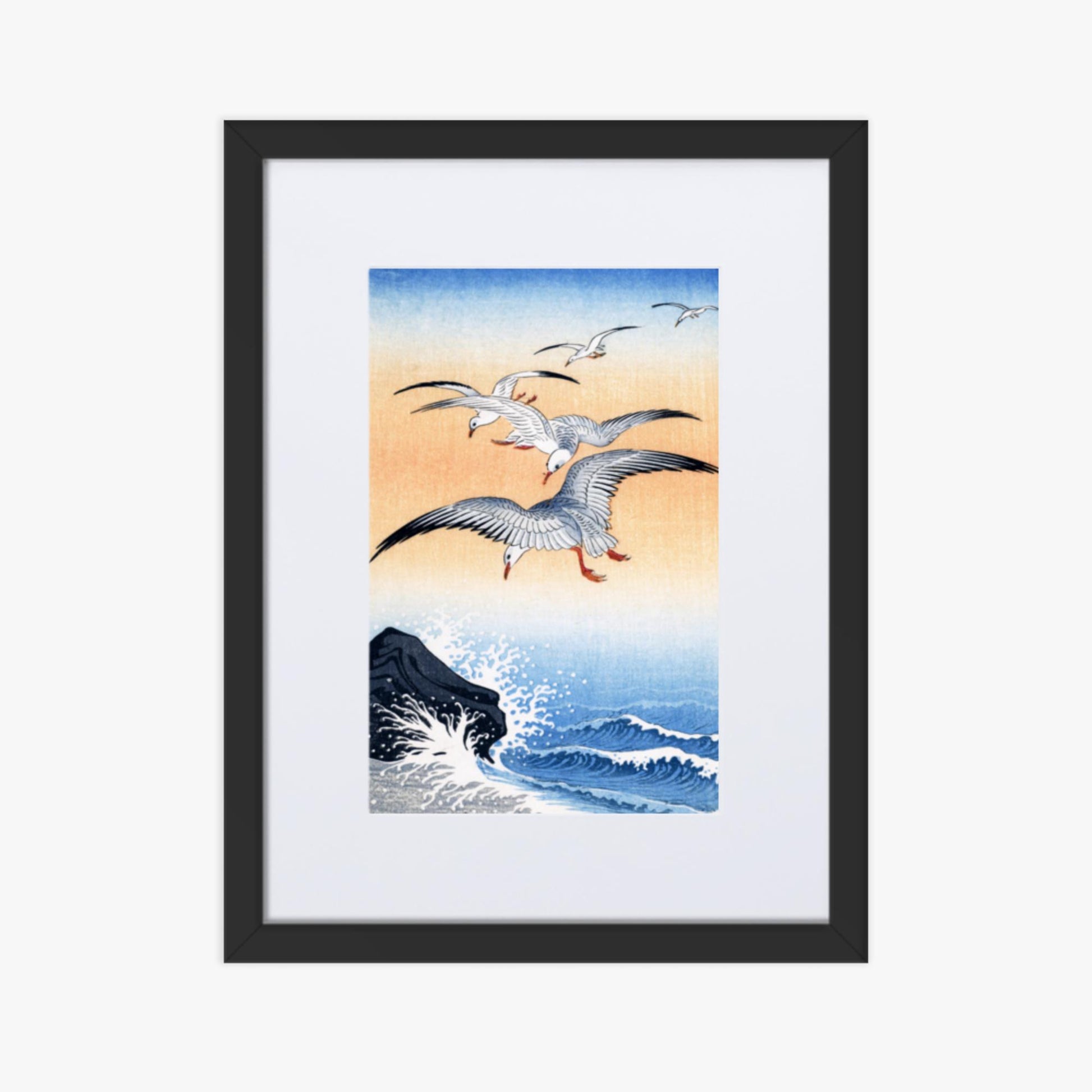 Ohara Koson - Five Seagulls Above Turbulent Sea 30x40 cm Poster With Black Frame