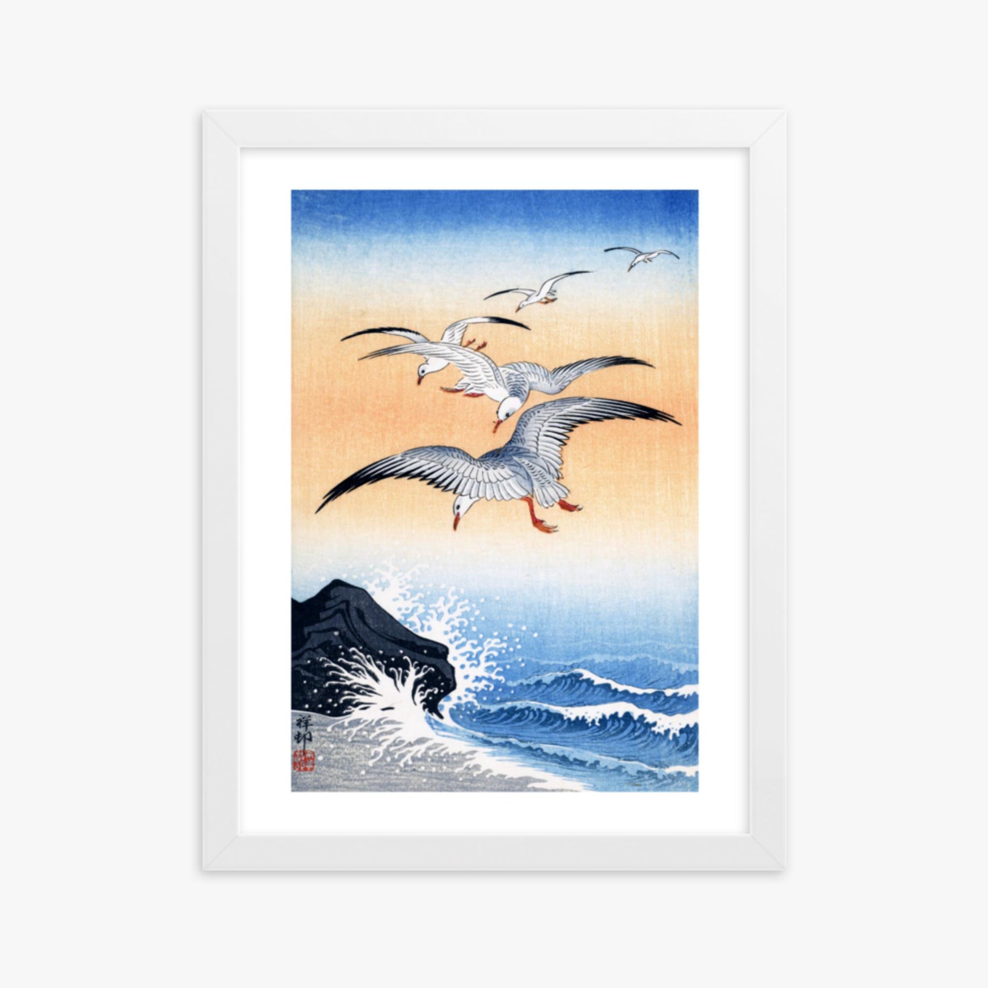 Ohara Koson - Five Seagulls Above Turbulent Sea 30x40 cm Poster With White Frame