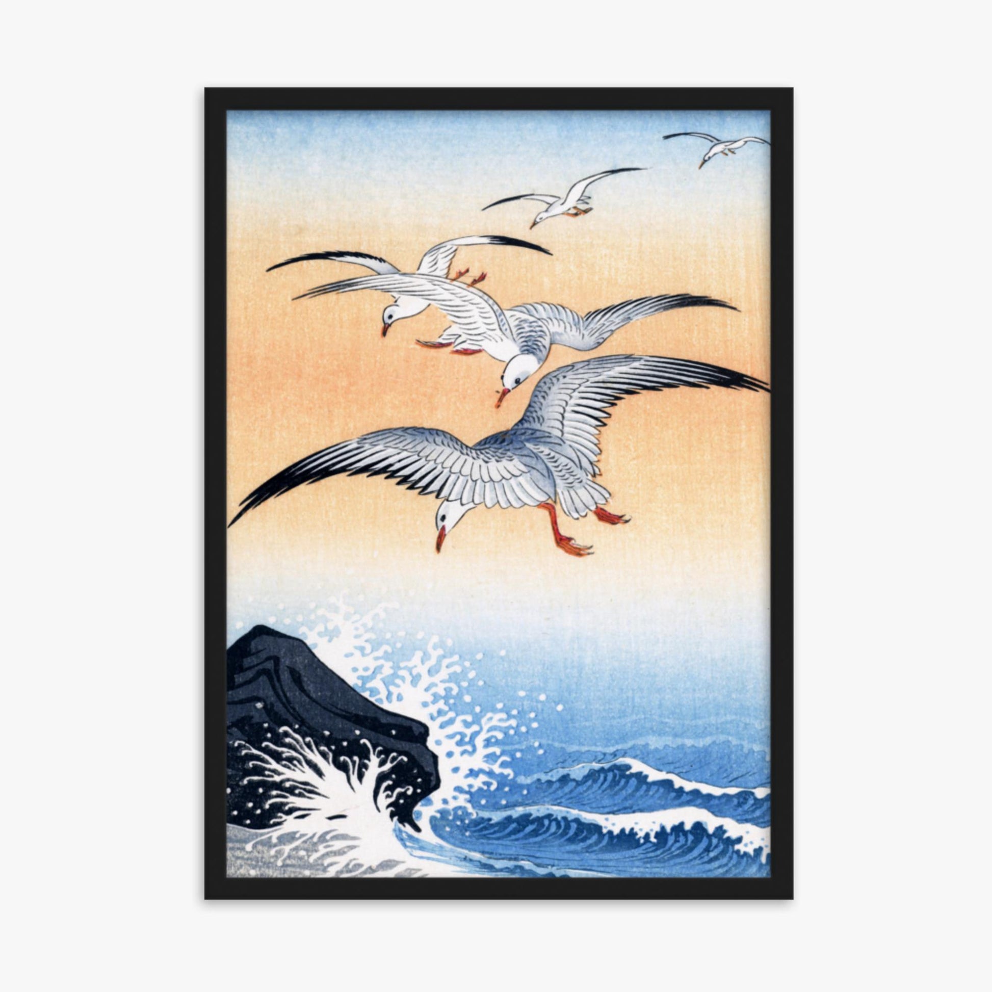 Ohara Koson - Five Seagulls Above Turbulent Sea 50x70 cm Poster With Black Frame