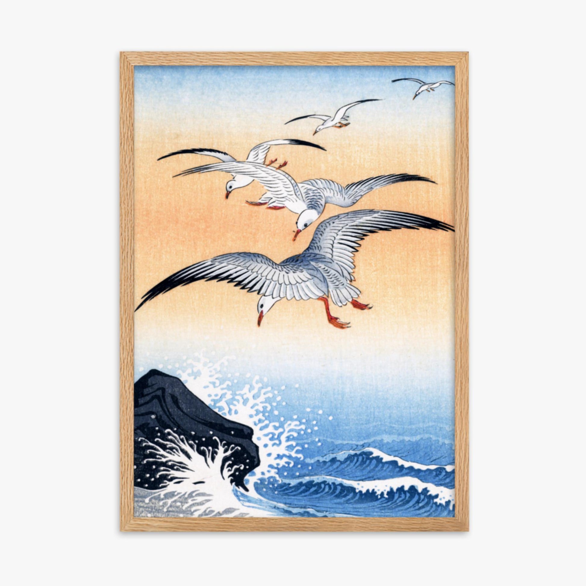 Ohara Koson - Five Seagulls Above Turbulent Sea 50x70 cm Poster With Oak Frame