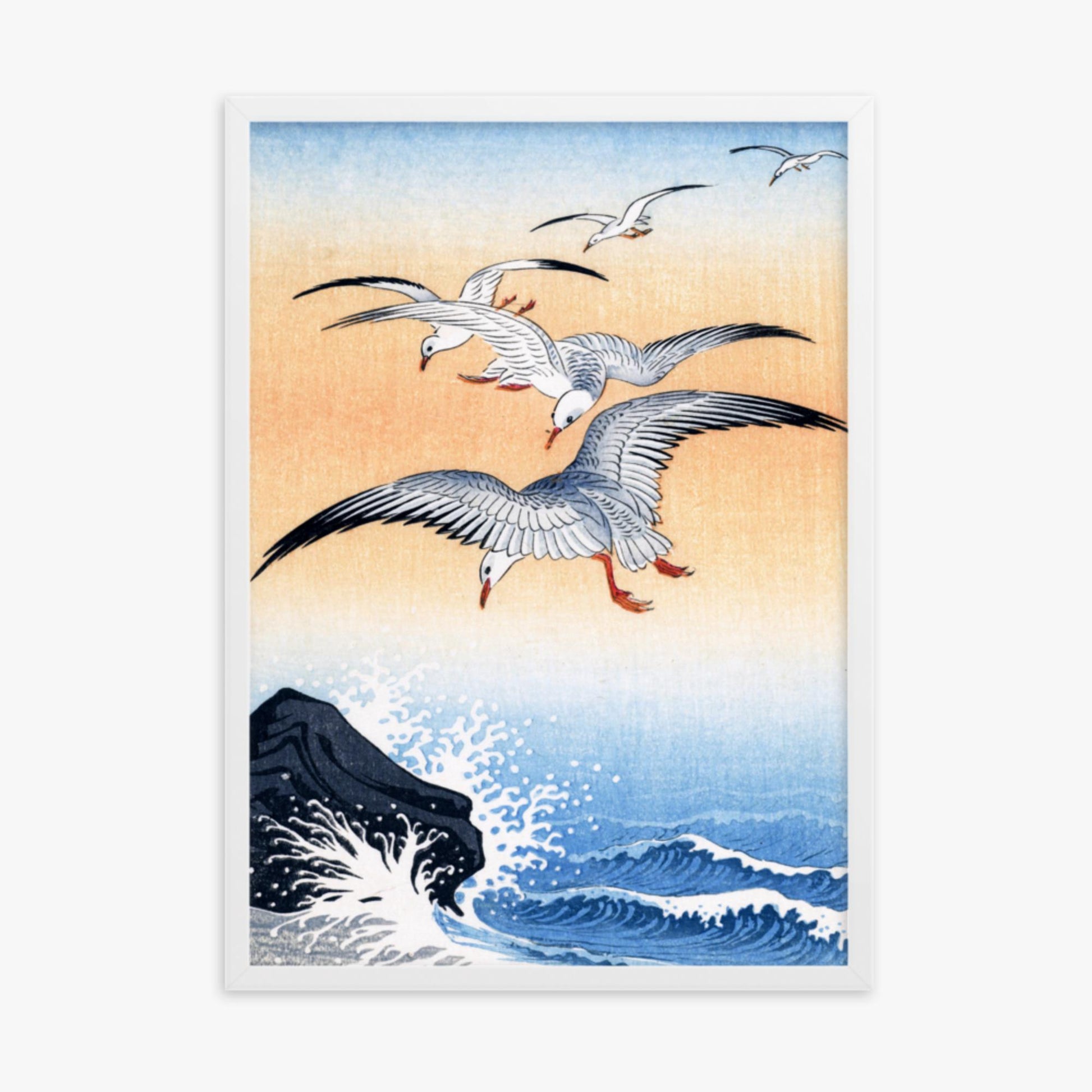 Ohara Koson - Five Seagulls Above Turbulent Sea 50x70 cm Poster With White Frame