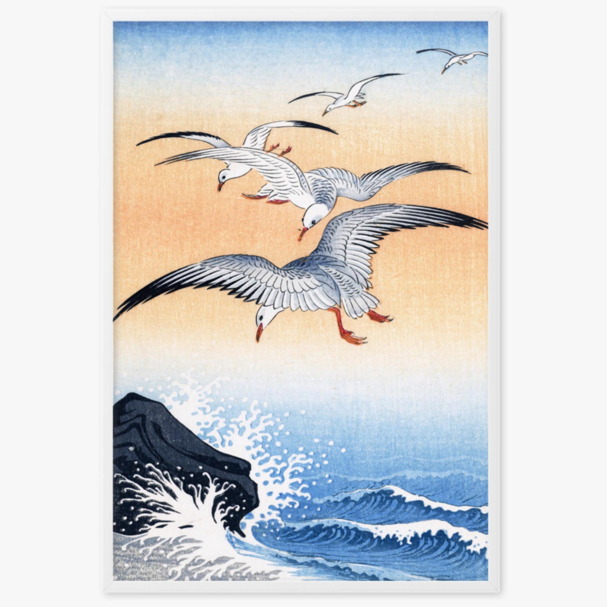 Ohara Koson - Five Seagulls Above Turbulent Sea 61x91 cm Poster With White Frame