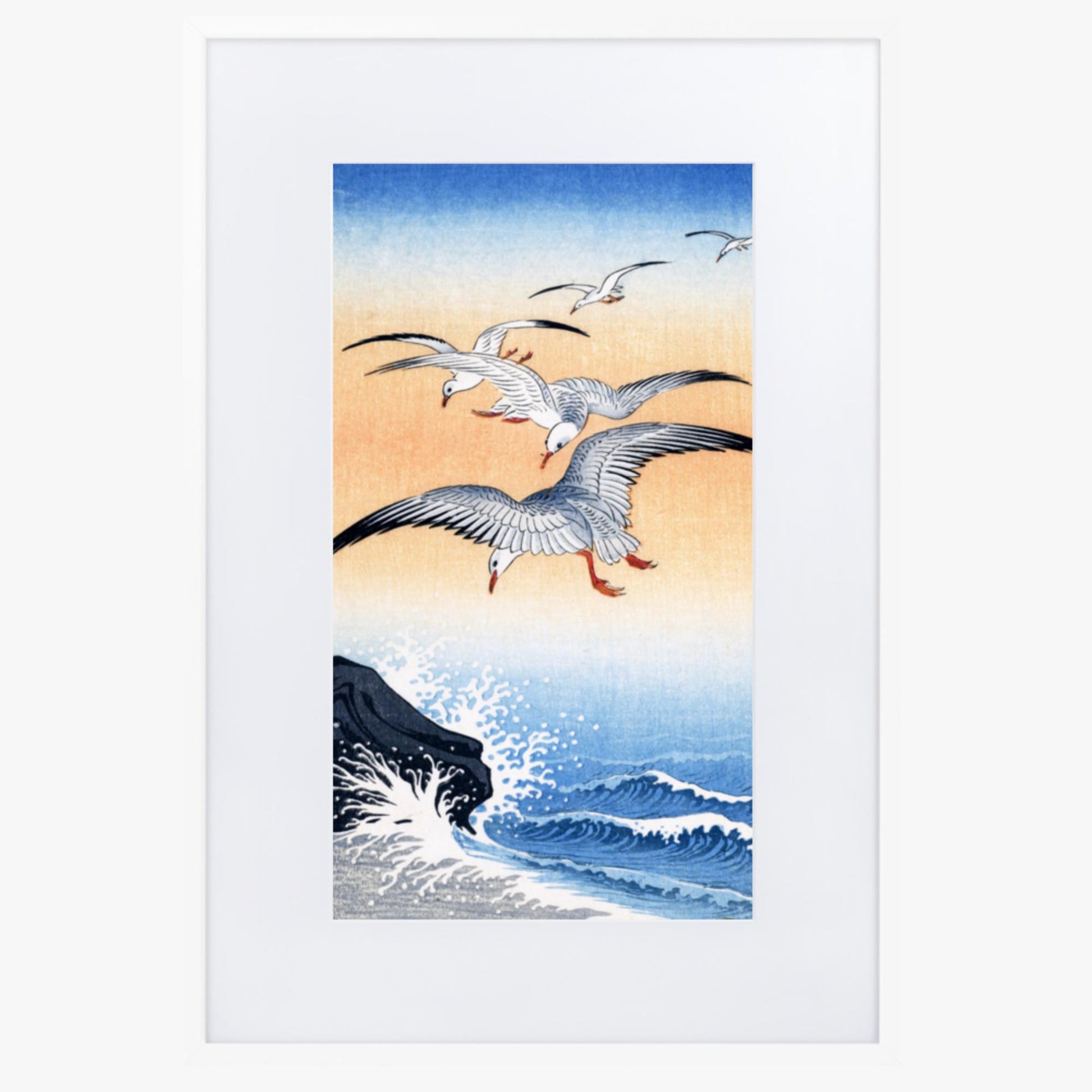 Ohara Koson - Five Seagulls Above Turbulent Sea 61x91 cm Poster With White Frame