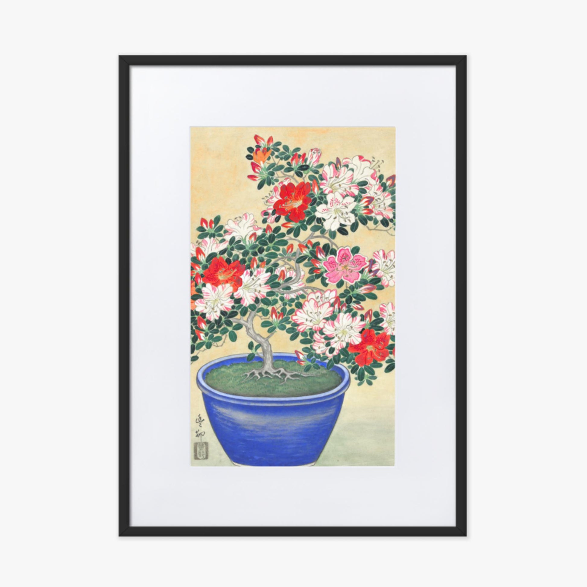 Ohara Koson - Blooming Azalea in Blue Pot 50x70 cm Poster With Black Frame