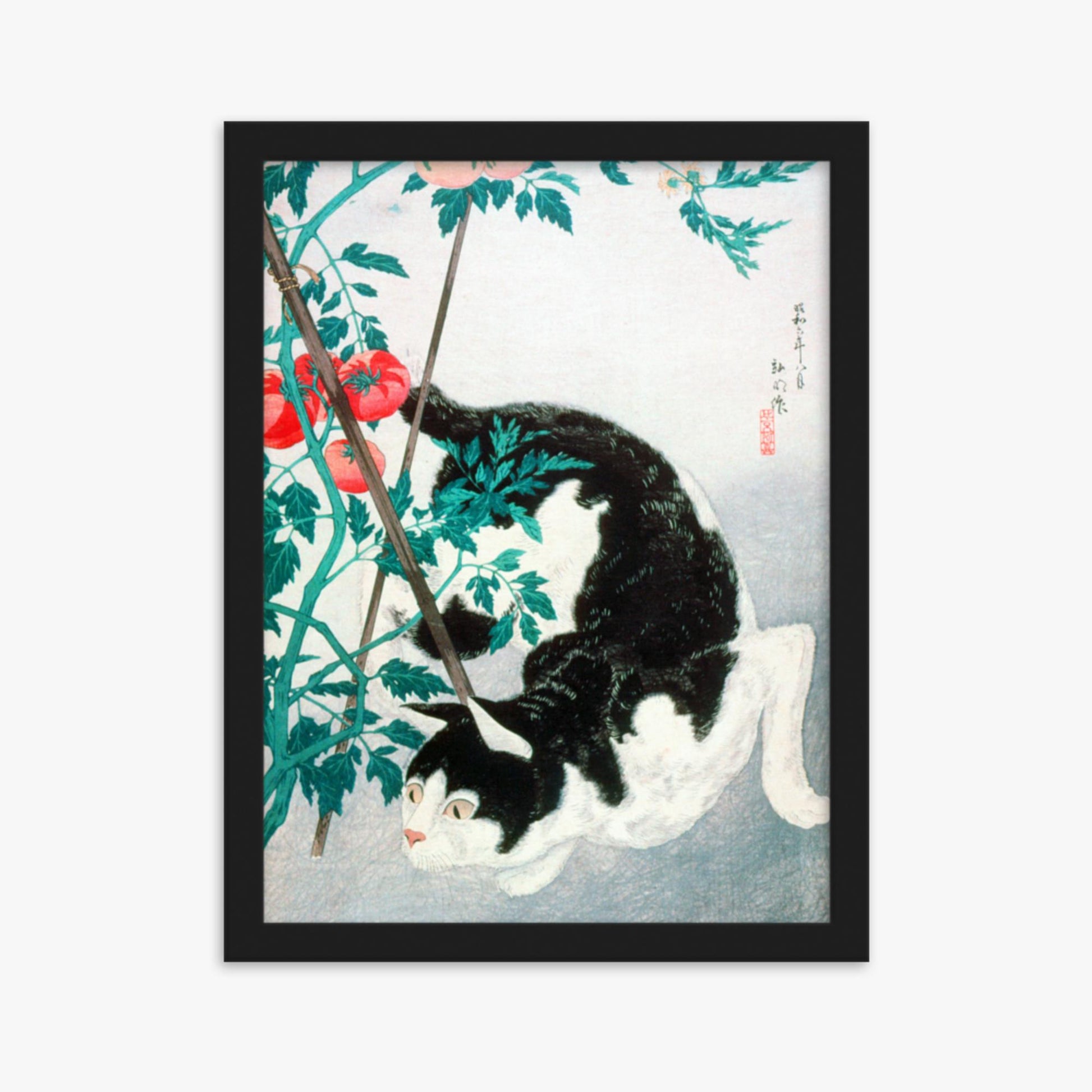 Takahashi Hiroaki (Shōtei) - Cat with Tomato Plant 30x40 cm Poster With Black Frame