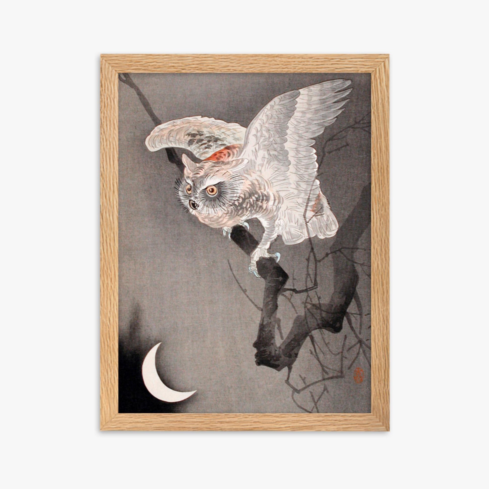 Ohara Koson - Scops Owl in Moonlight  30x40 cm Poster With Oak Frame