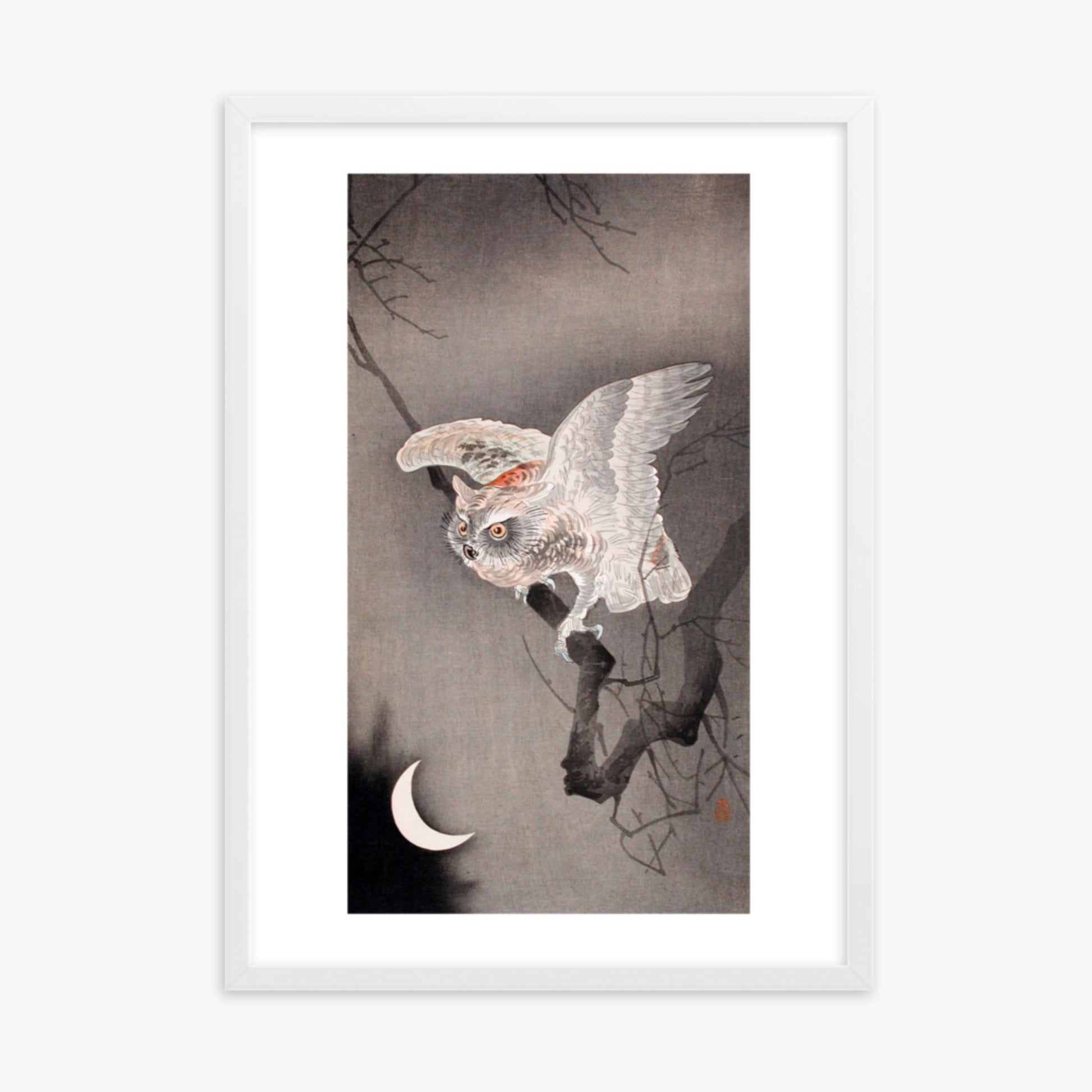 Ohara Koson - Scops Owl in Moonlight  50x70 cm Poster With White Frame