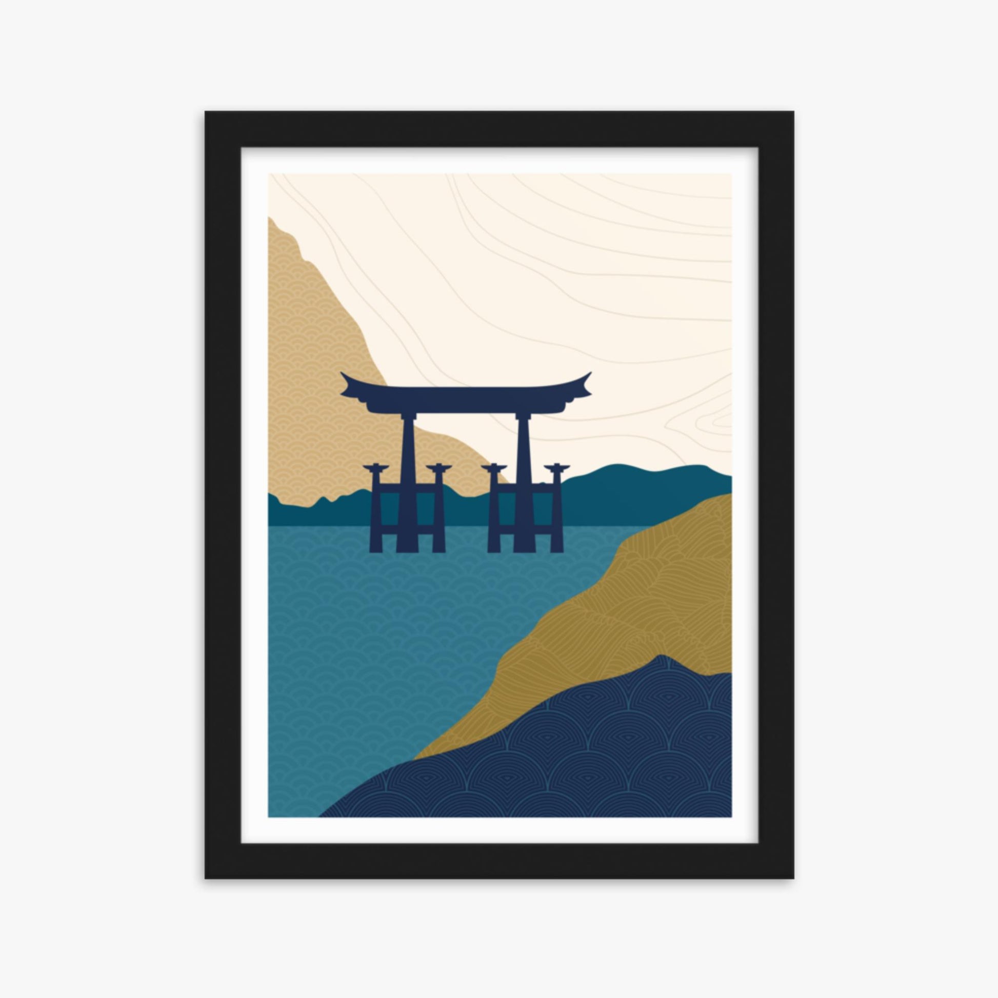 Modern illustration: Torii Gate in the Water 30x40 cm Poster With Black Frame Frame