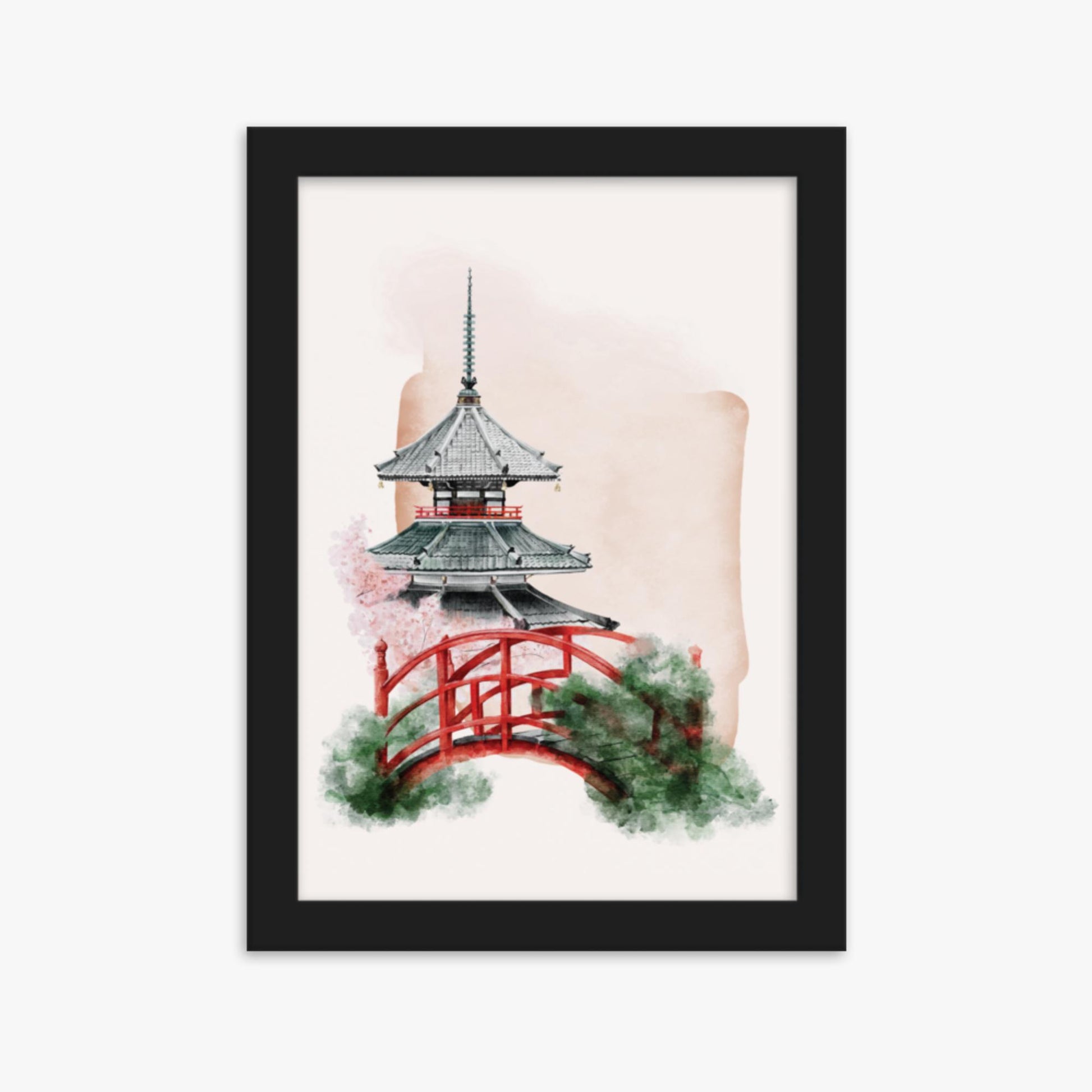 Modern illustration: Shrine with Bridge 21x30 cm Poster With Black Frame Frame