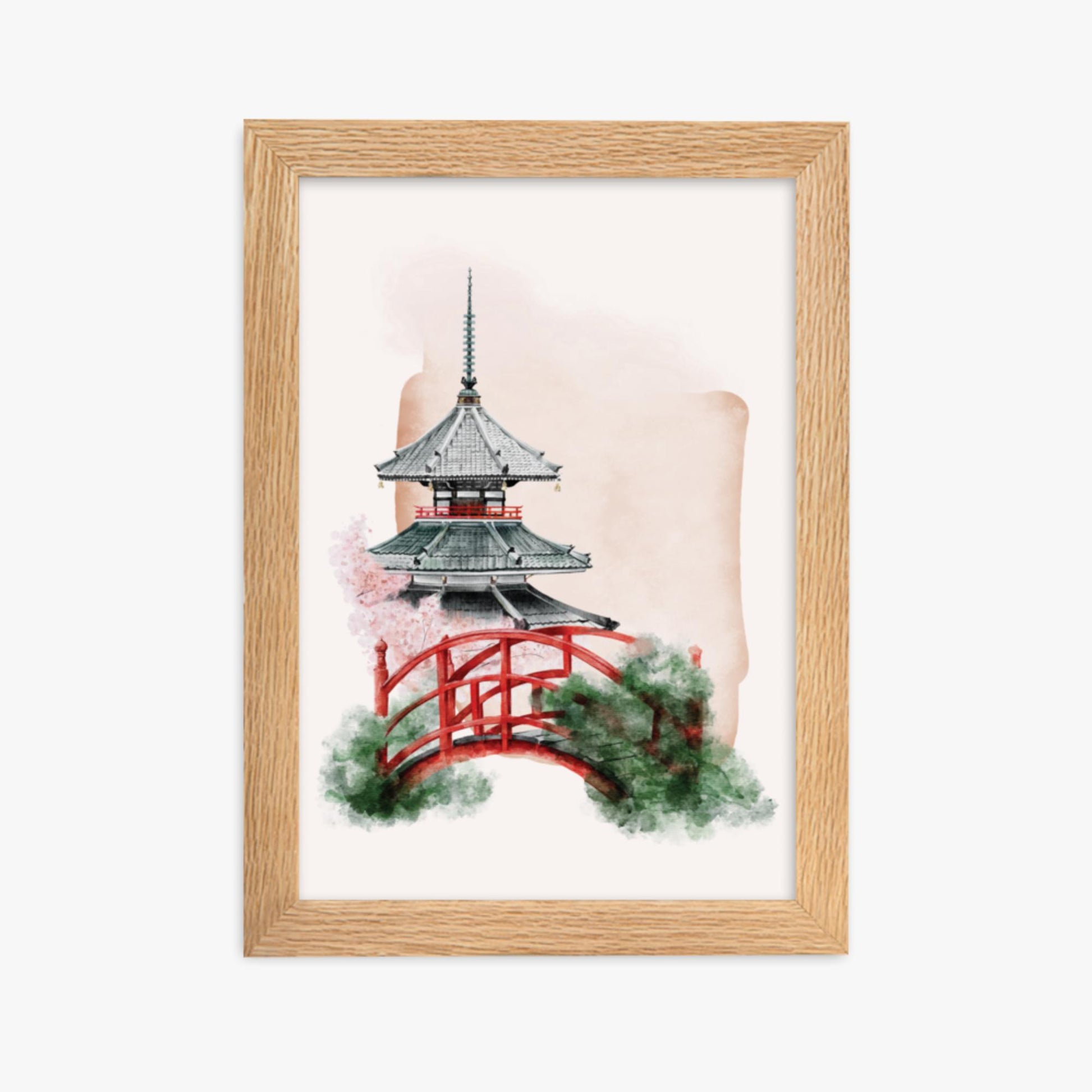 Modern illustration: Shrine with Bridge 21x30 cm Poster With Oak Frame Frame